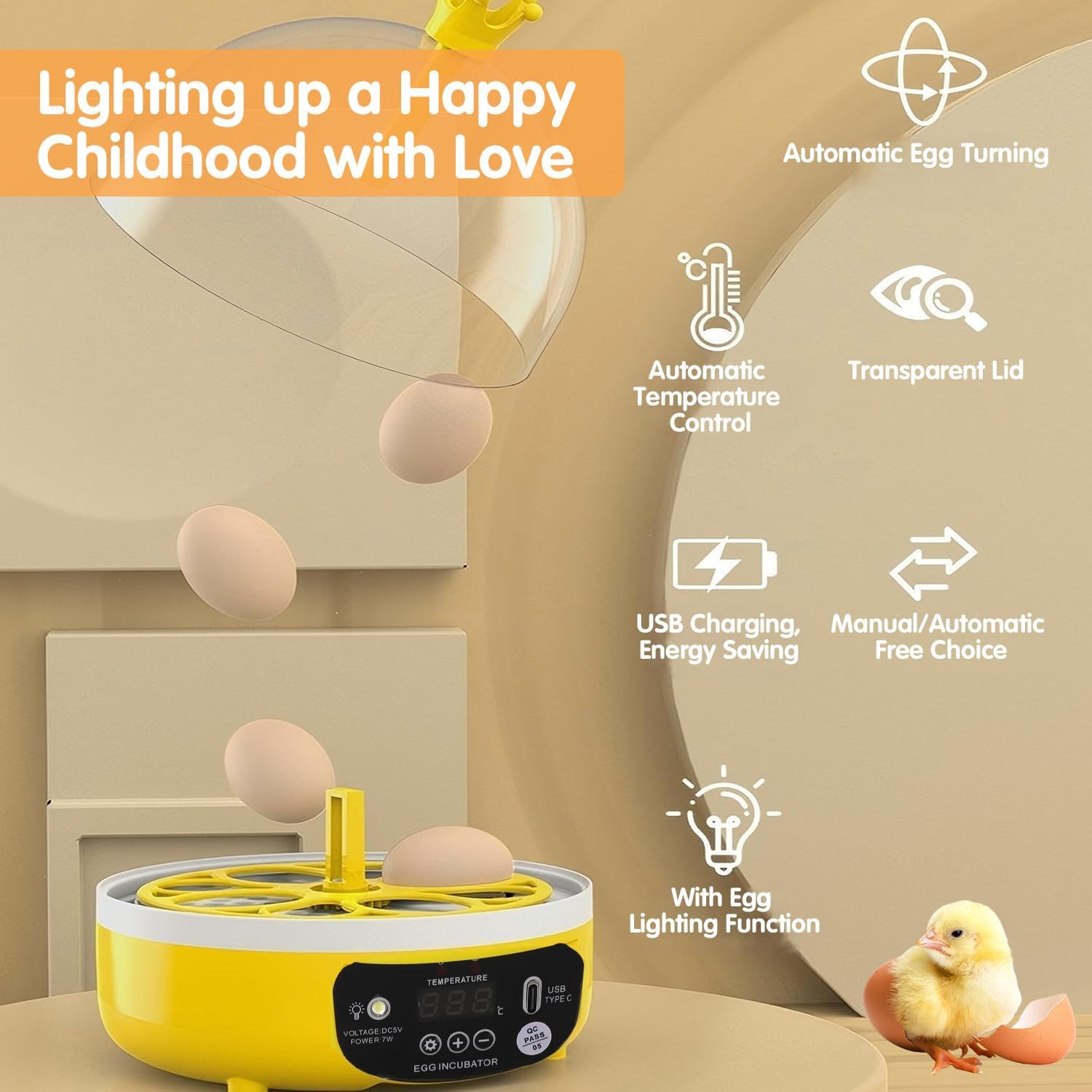 Tissting 4 Eggs Mini Incubator with Transparent Lid,7W Automatic Temperature Hum