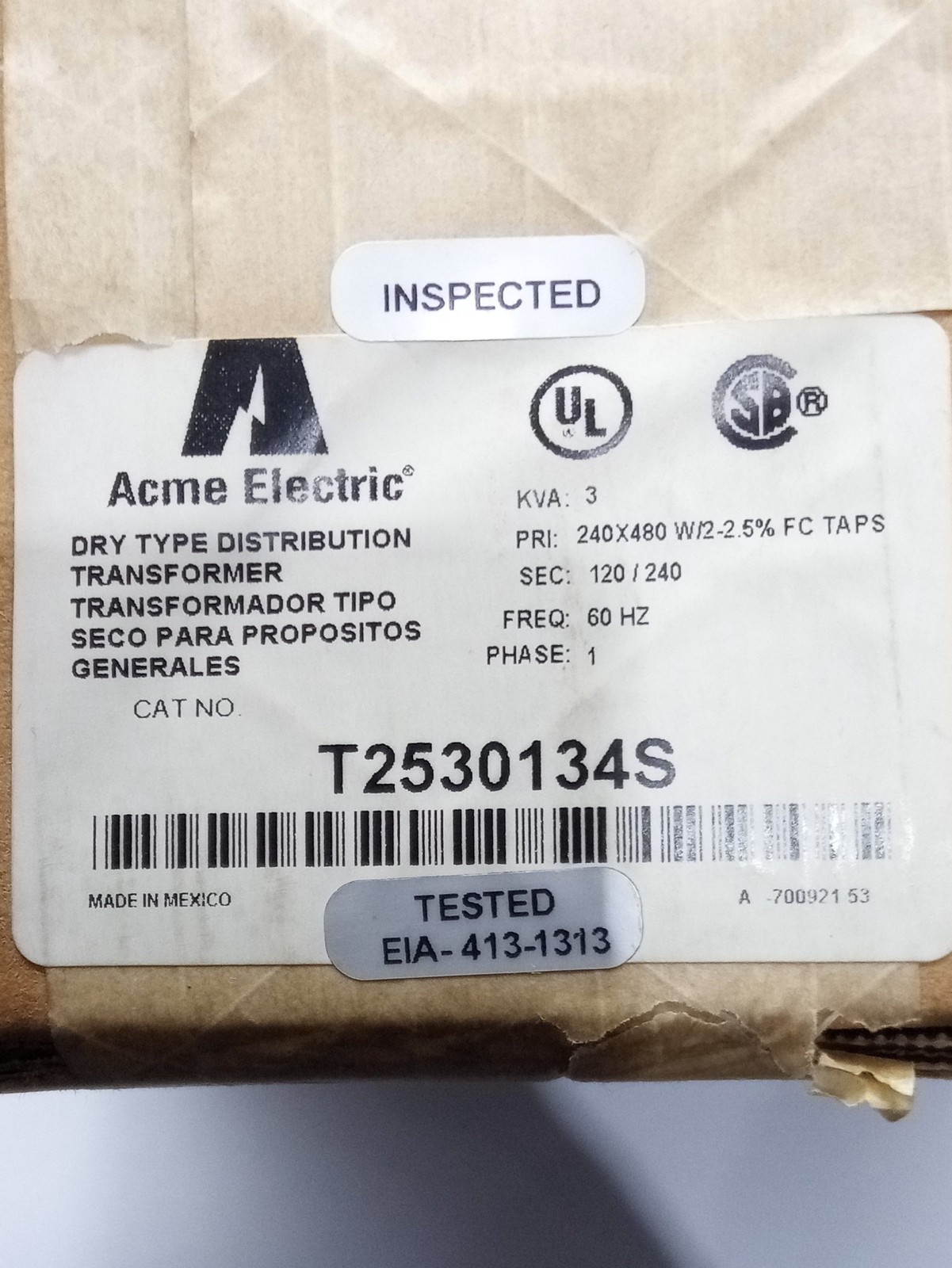 ACME T2530134S Dry Type Transformer, 3kVA