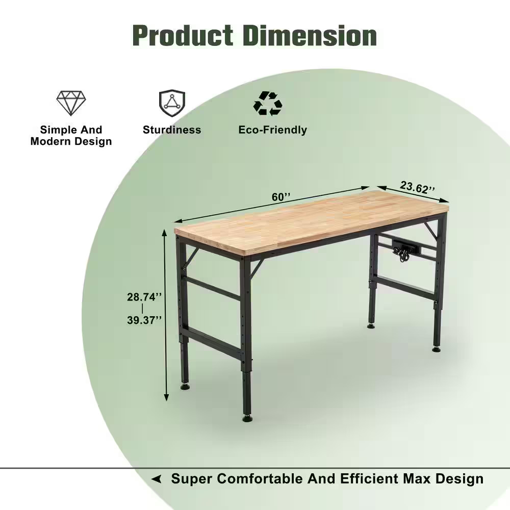 60 In. Adjustable Height Workbench with Power Outlets-Wood Work Table, 6-Level H