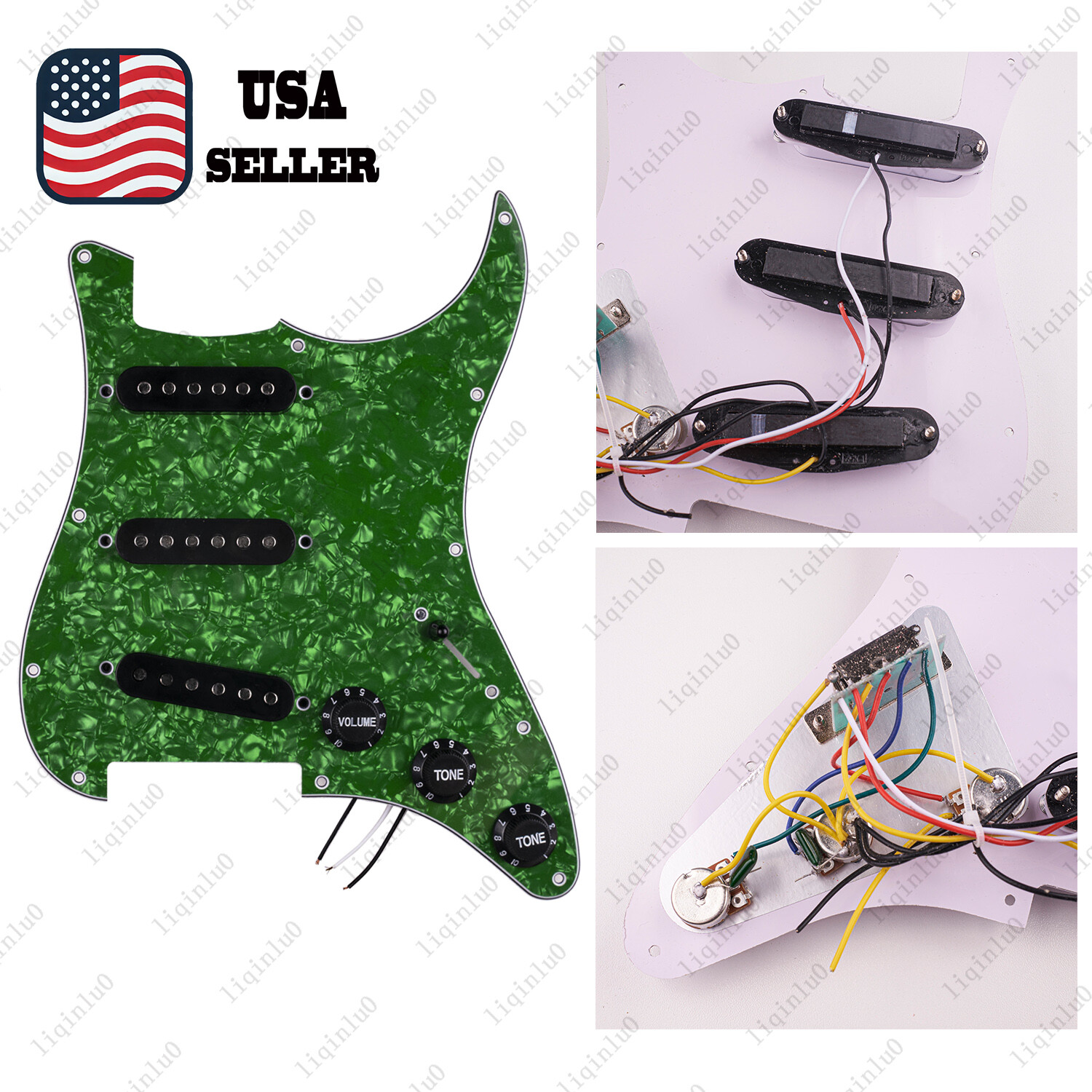 Prewired-Loaded SSS Pickguard Ceramic Pickups For Strat Green pearl&Black