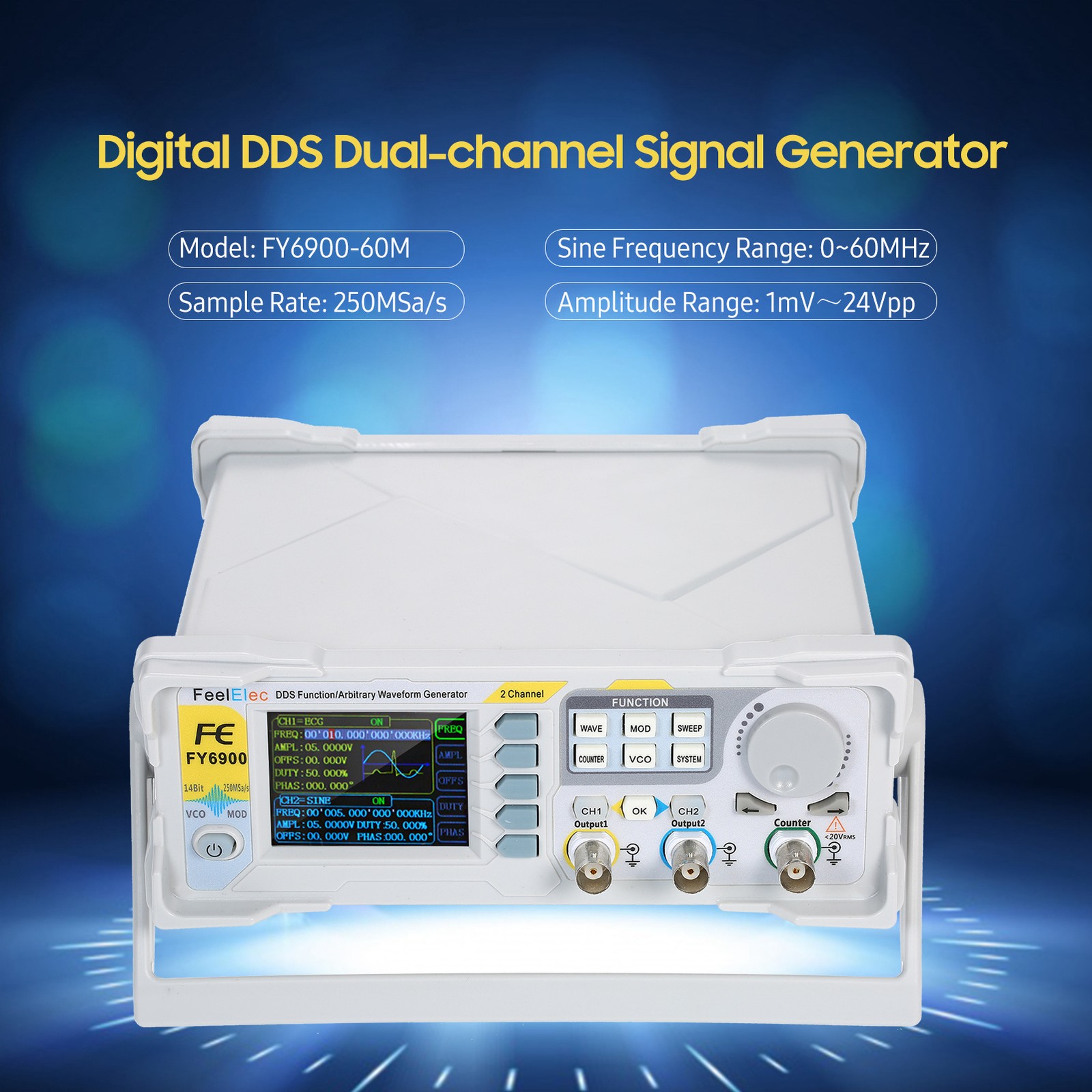 Dual-Channel 60MHz DDS Function Generator 250MSa/s Waveform Pulse Source V1