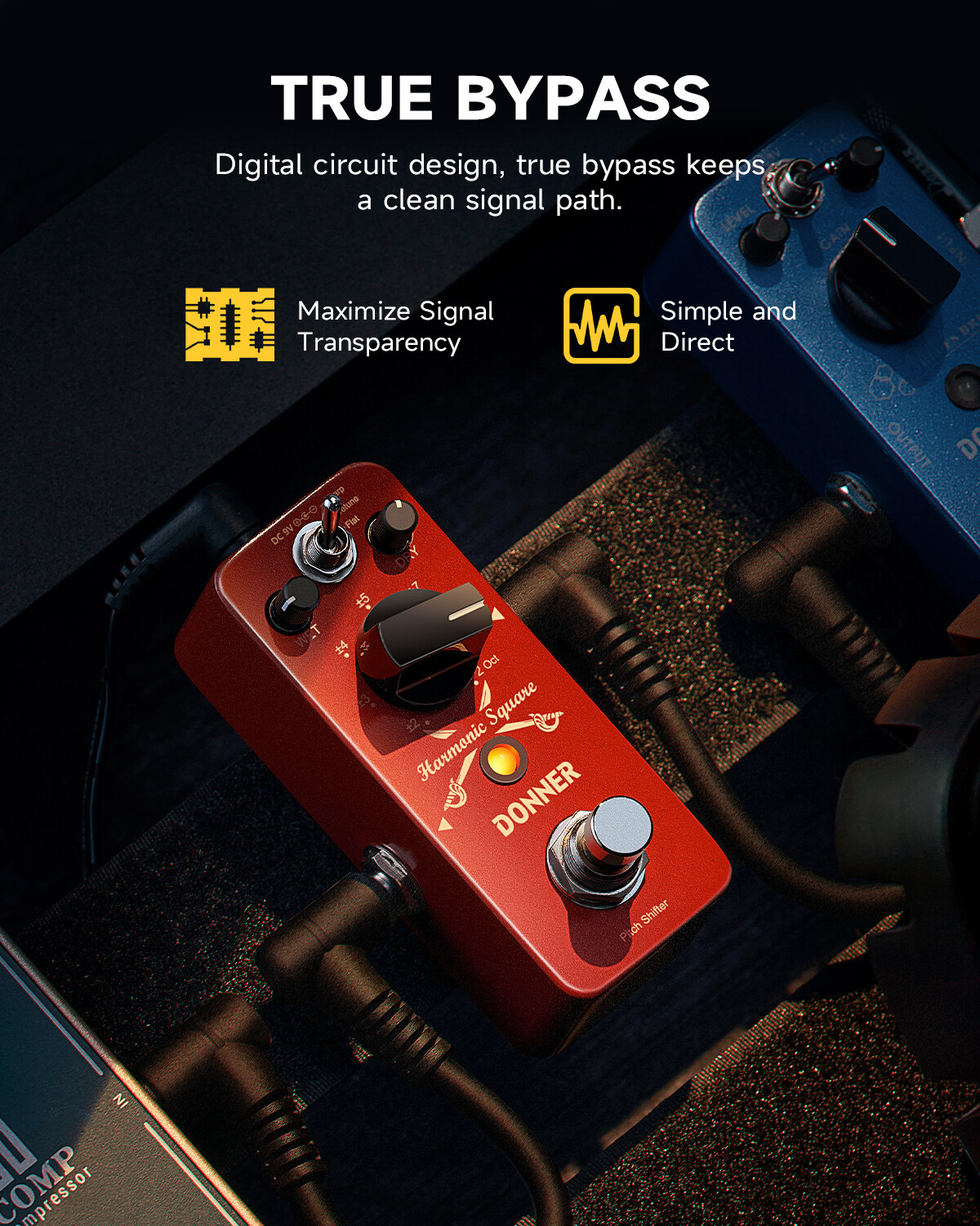 Donner Harmonic Square Octave Effects Pedal 3 Tone Sharp Detune Flat True Bypass