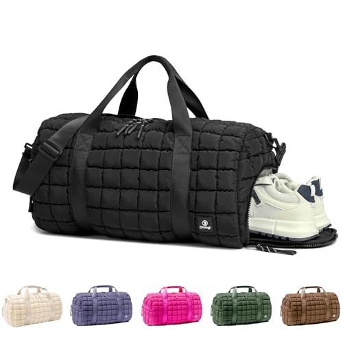 Quilted Gym Bag for Women,Duffle Bag for Travel with Wet Pocket,Carry on Black