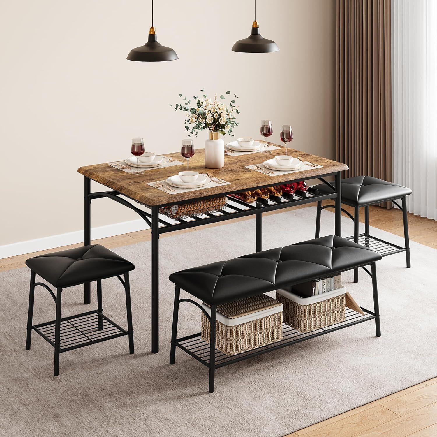 4-Piece Rectangular Dining Room Table Set With 2 Upholstered Chairs & 1 Bench