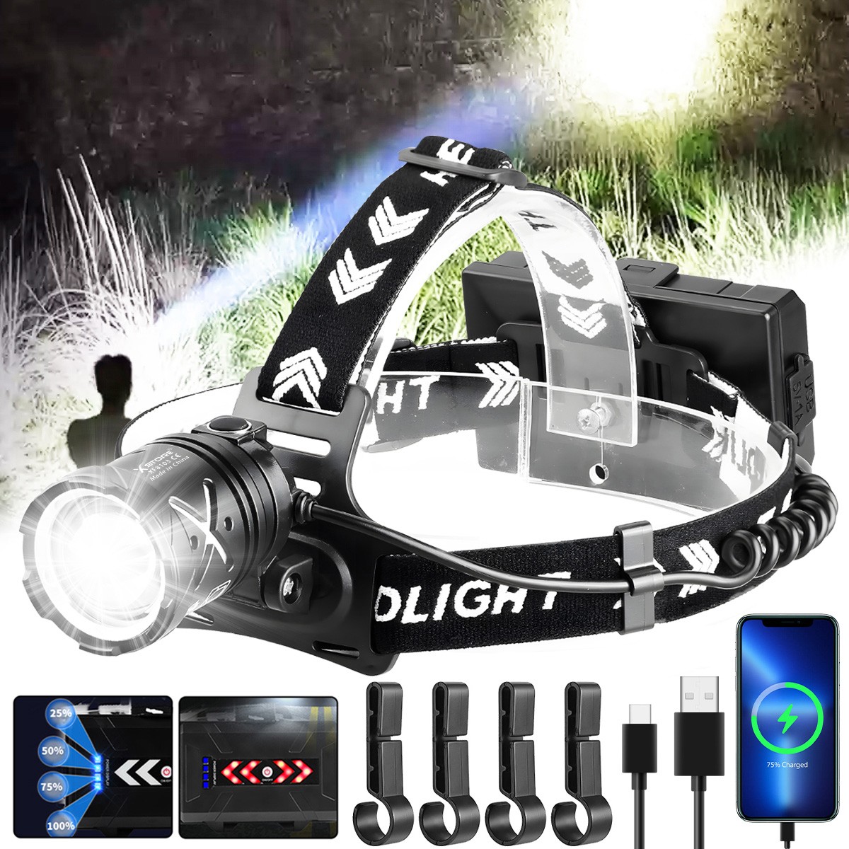 1200000LMS LED Headlamp Rechargeable USB Super Bright Zoom Head Torch Headlight