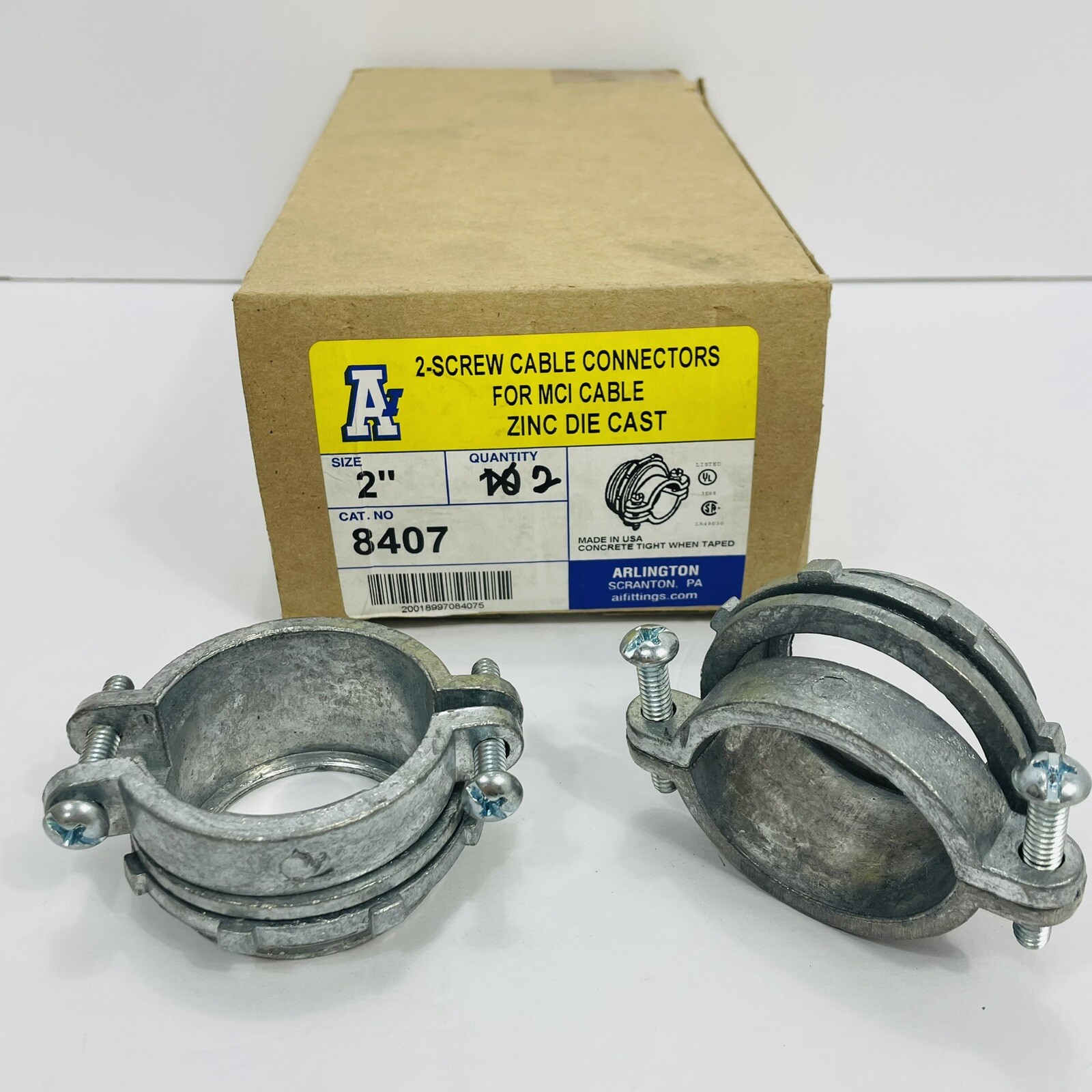 Qty 2 Arlington 8407 2” MCI Cable Connectors Zinc Die Cast 2-Screw ~New Surplus~
