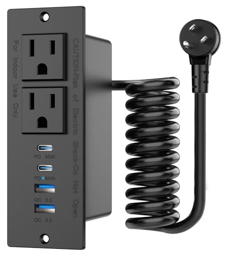 65W Furniture Drawer Outlet Kit, Recessed Outlet with 4 USB Ports & 2 6FT Black