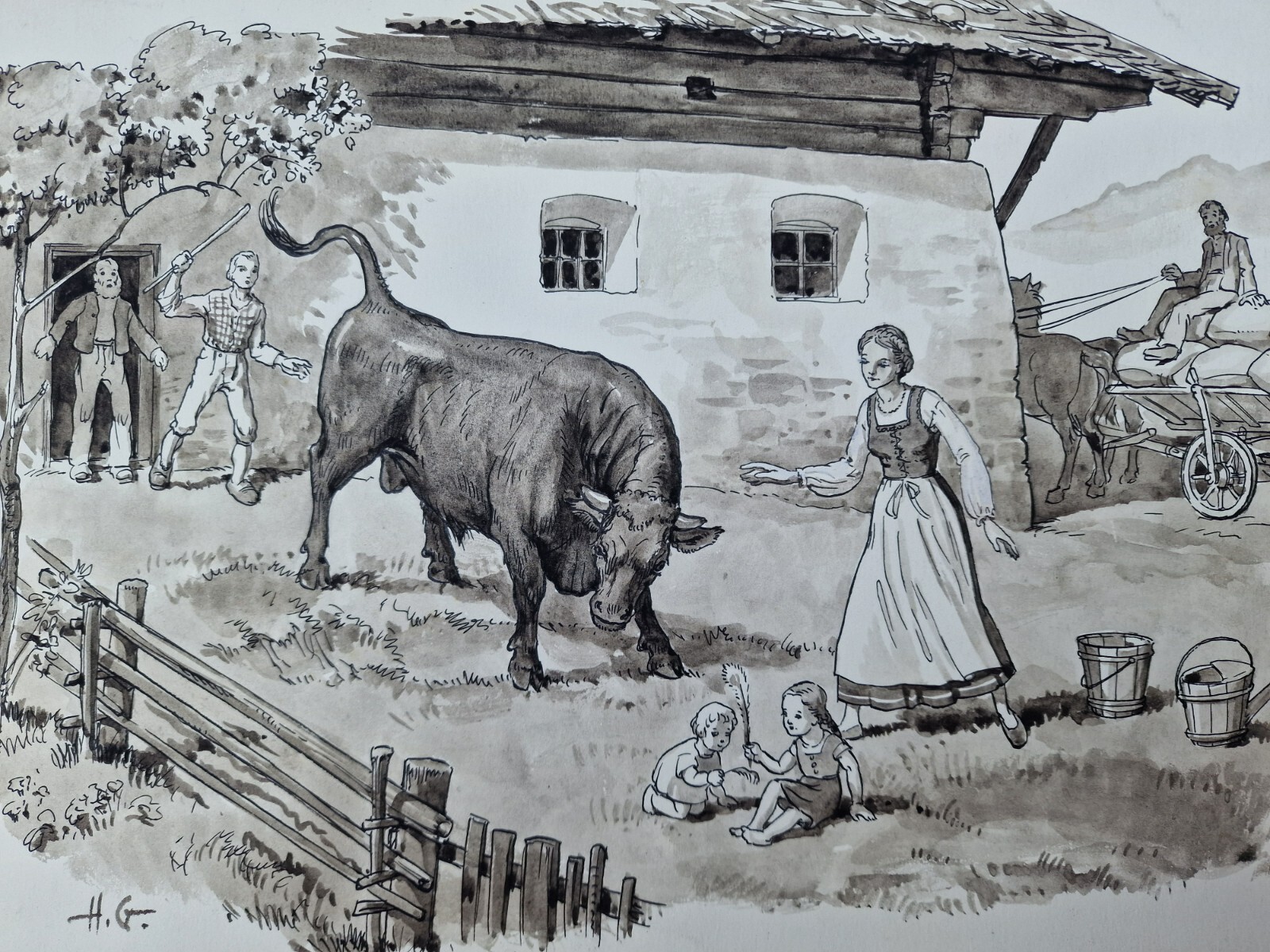 vintage ink drawing 1930s farm bull joke scene 30x22cm sig. HG