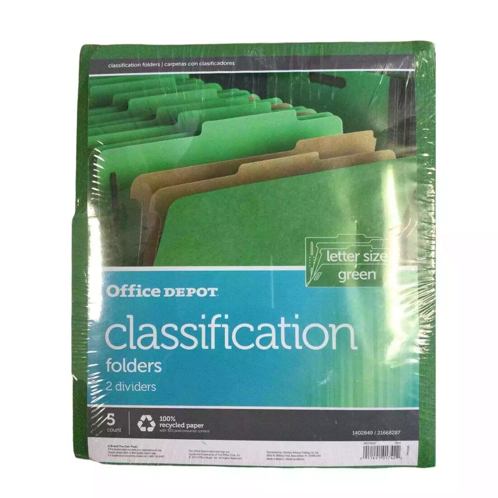 5-Pk Letter Size 2-Divider Light Green Classification Folders Office Depot Brand