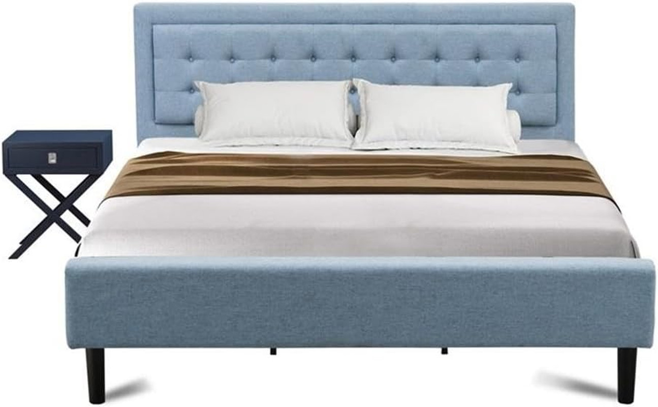 Fannin King Size Bed Set with Navy Blue Nightstand - Sturdy Denim Fabric