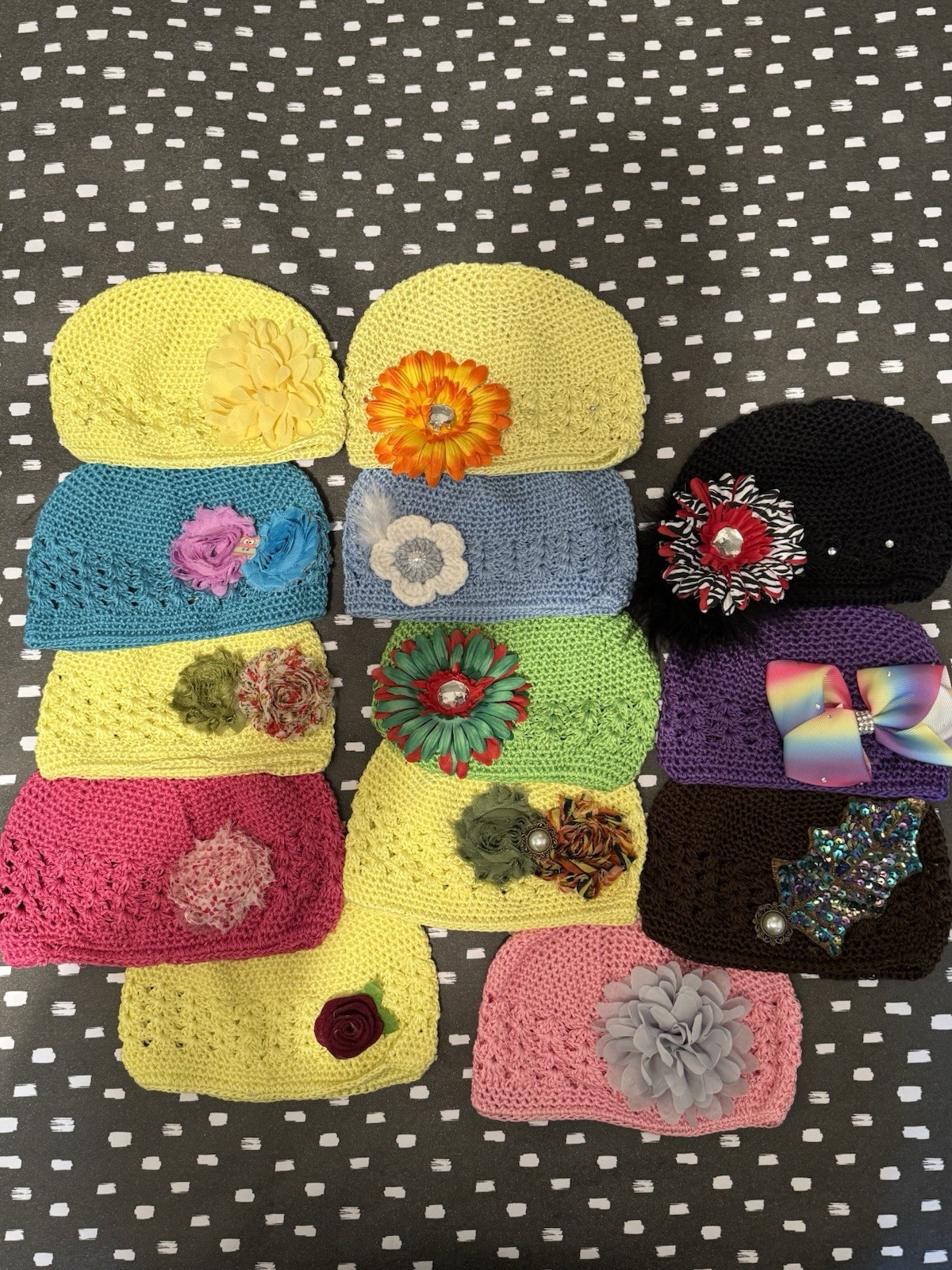 Lot Of 13 Crocheted Kids Baby Kufi Beanie Hats Large Embellished Multicolor
