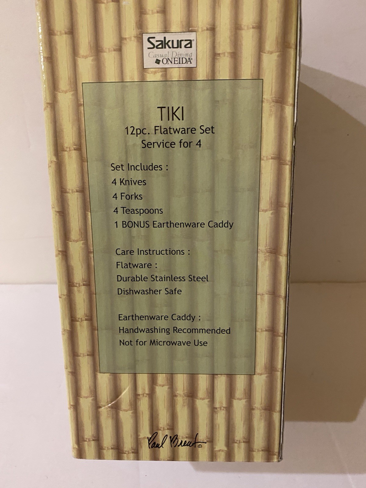Sakura Tiki Flatware Set Oneida Stainless Steel 12 Piece Earthenware Caddy NEW