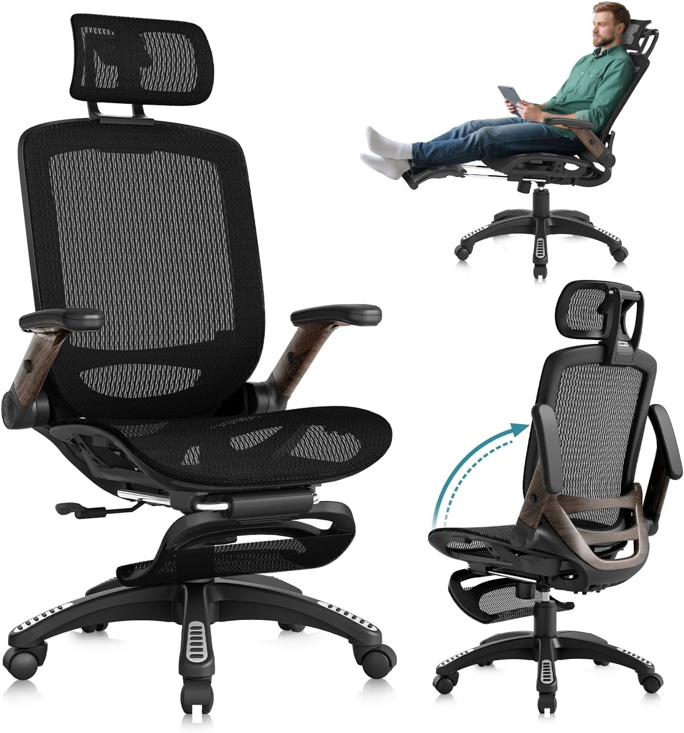 Ergonomic Office Chair with Footrest, High Back Mesh Computer Chair with Flip-Up