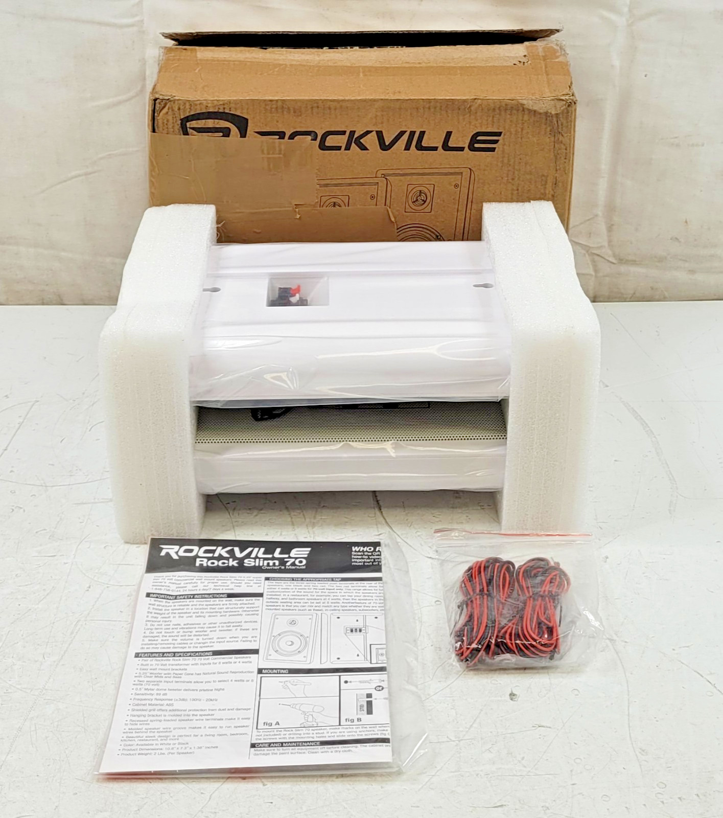 Pair Rockville RockSlim 70W White 5.25" 70v Commercial Restaurant Wall Speakers