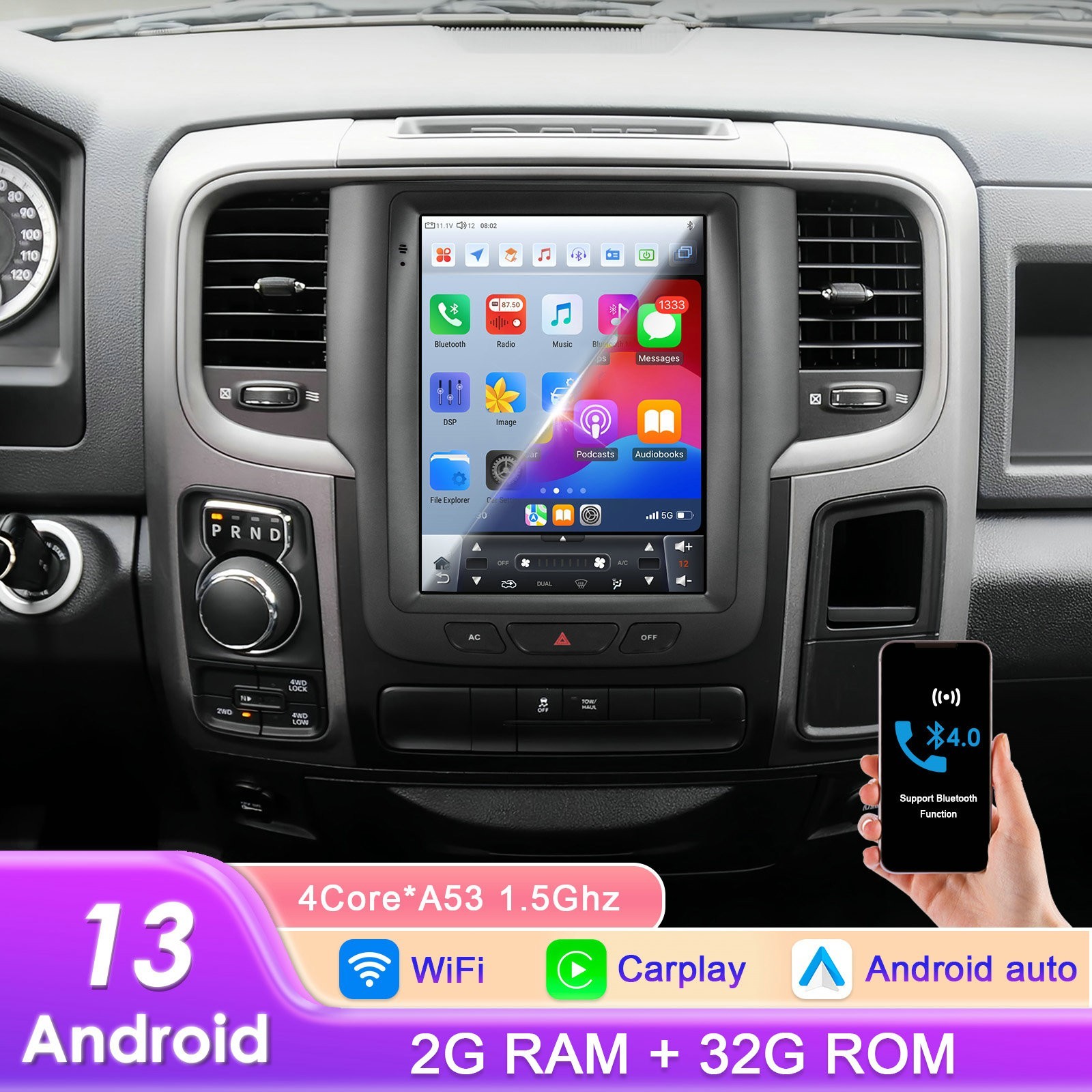 9.7" Tesla Style FOR 2013-2019 DODGE RAM 1500 2500 3500 CARPLAY GPS RADIO STEREO