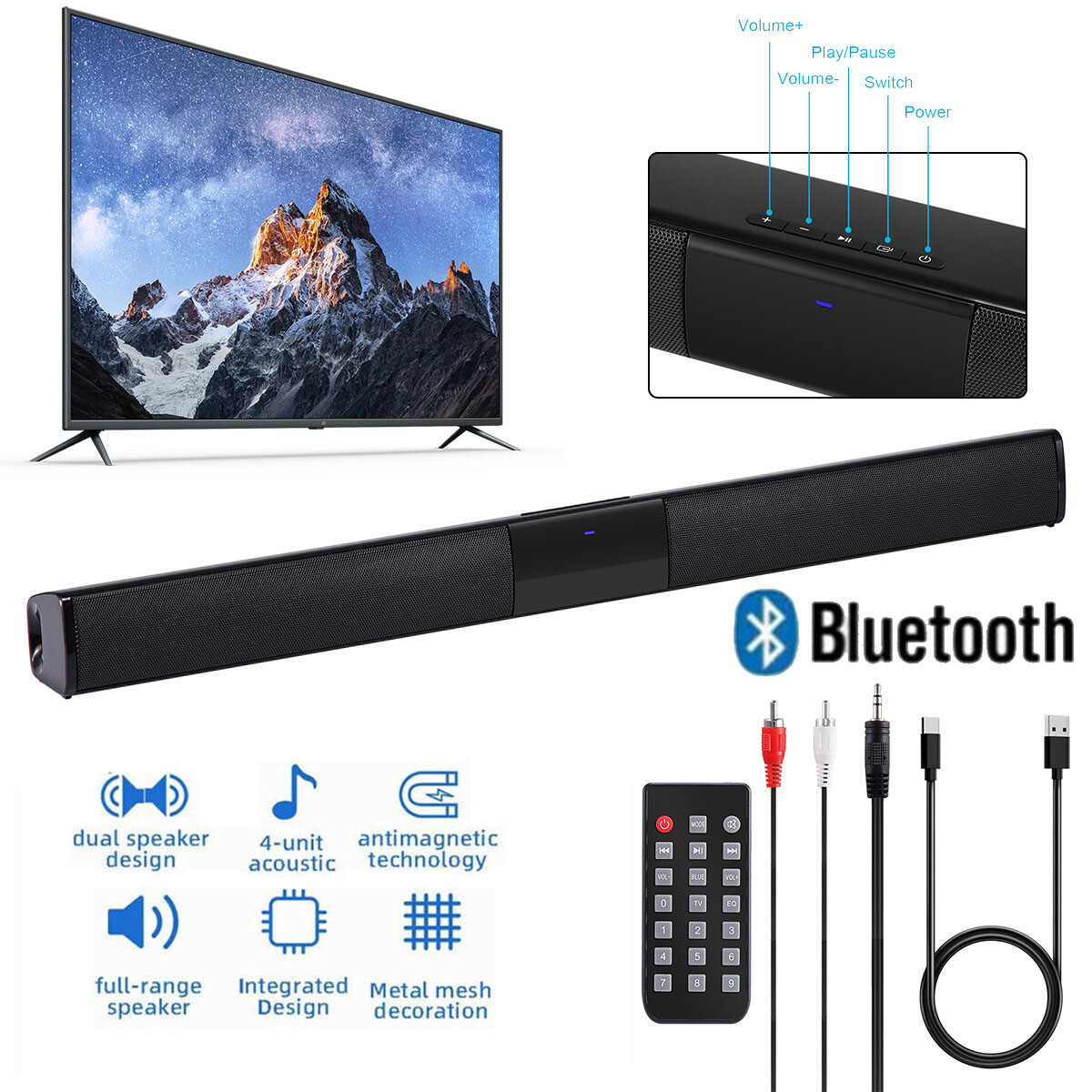 Wireless Surround Sound Bar 4 Speaker System BT Subwoofer TV Home Theater Remote