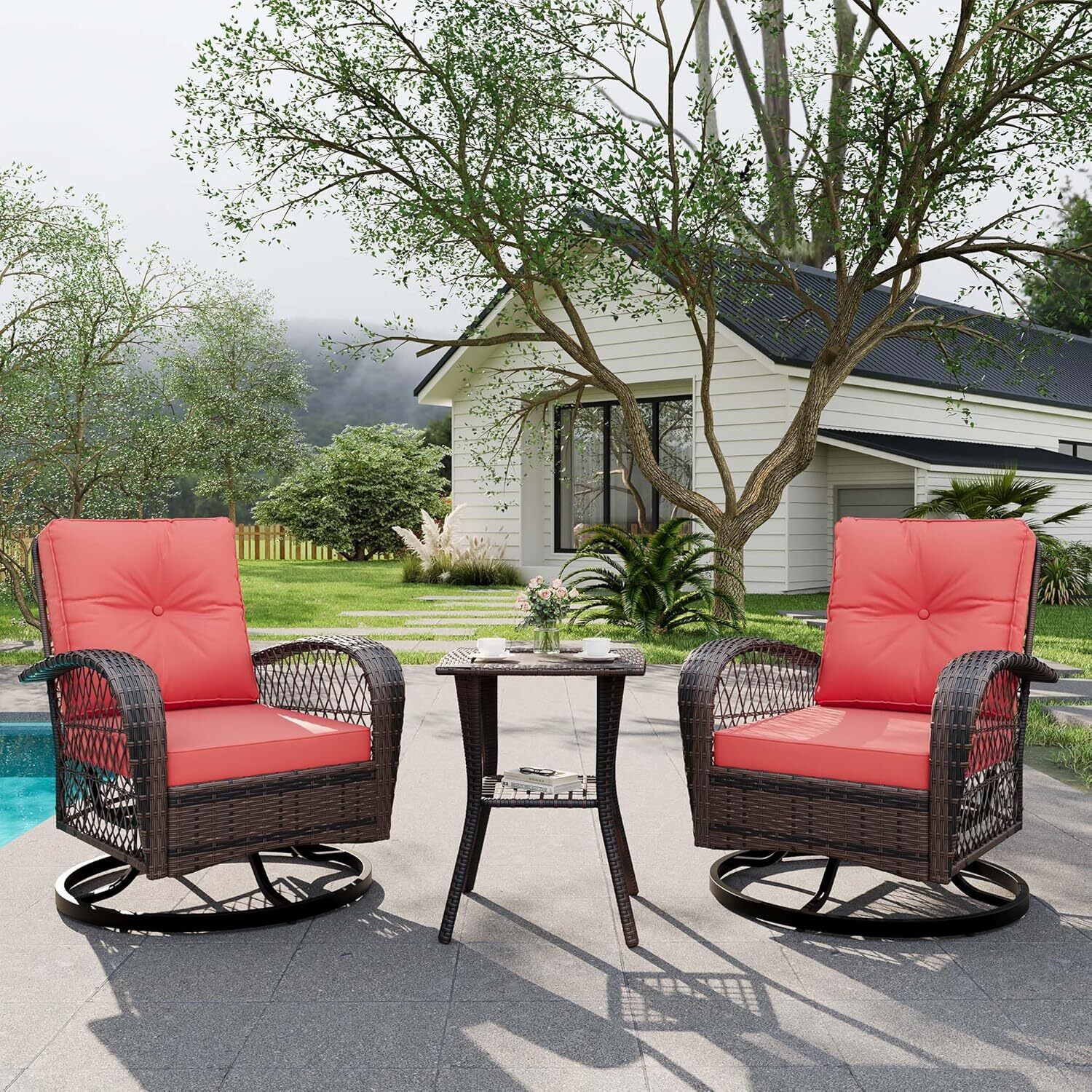 3 Pcs Patio Furniture Set Outdoor Swivel Glider Rocker Wicker Patio Bistro Set