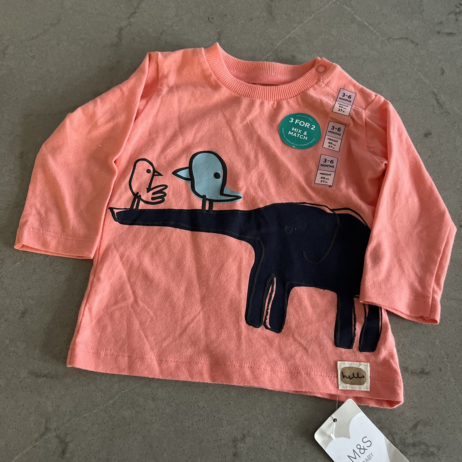 M&S baby long sleeved t-shirt top age 3-6 months