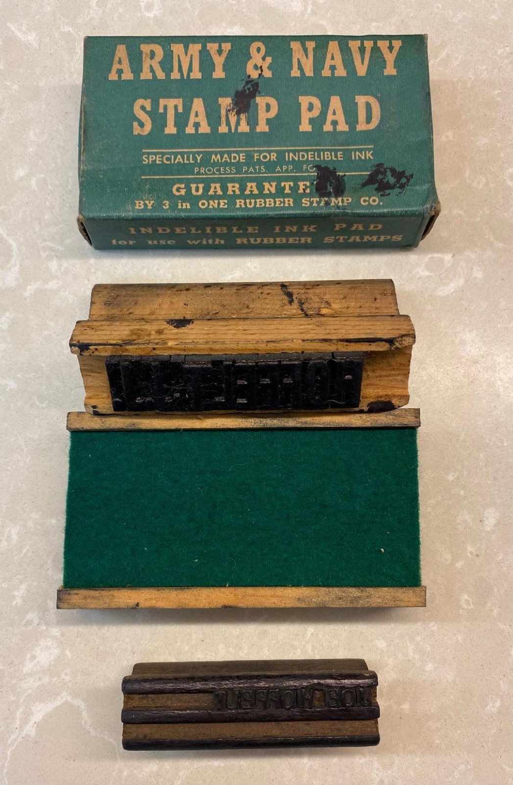 WWII ARMY & NAVY STAMP PAD W/2 WOODEN NAVY SERVICE MEMBER INK STAMPS