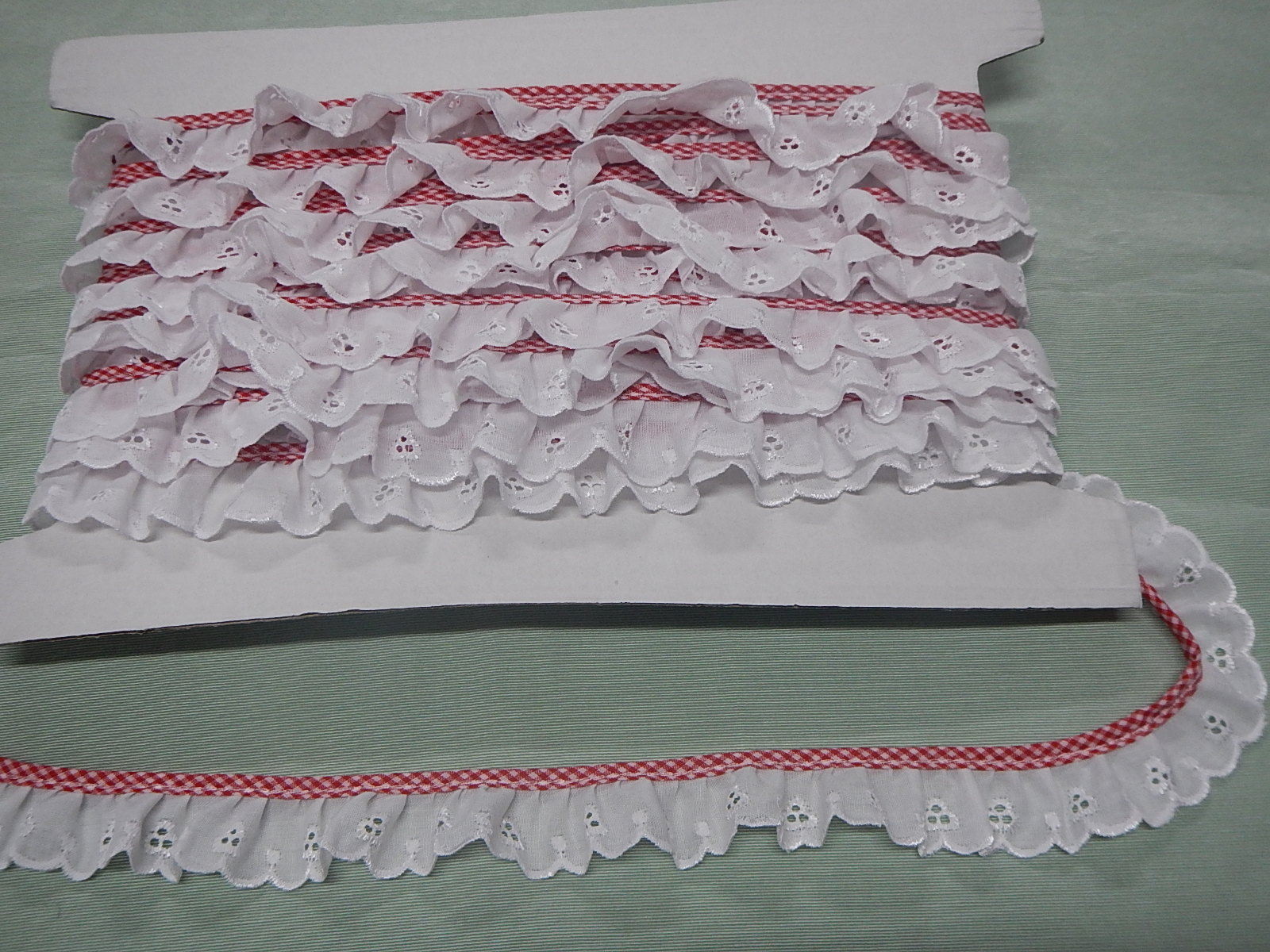 Broderie Anglaise Gathered Lace  White with Red Gingham Binding x 5 mts