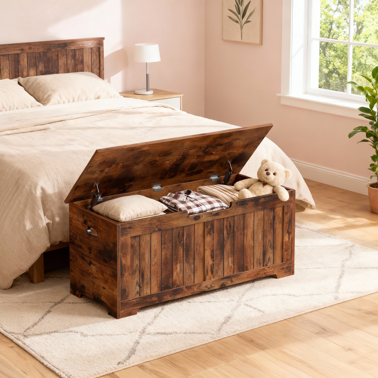 Storage Chest Storage Bench with Safety Hinge White for Playroom Rustic Brown