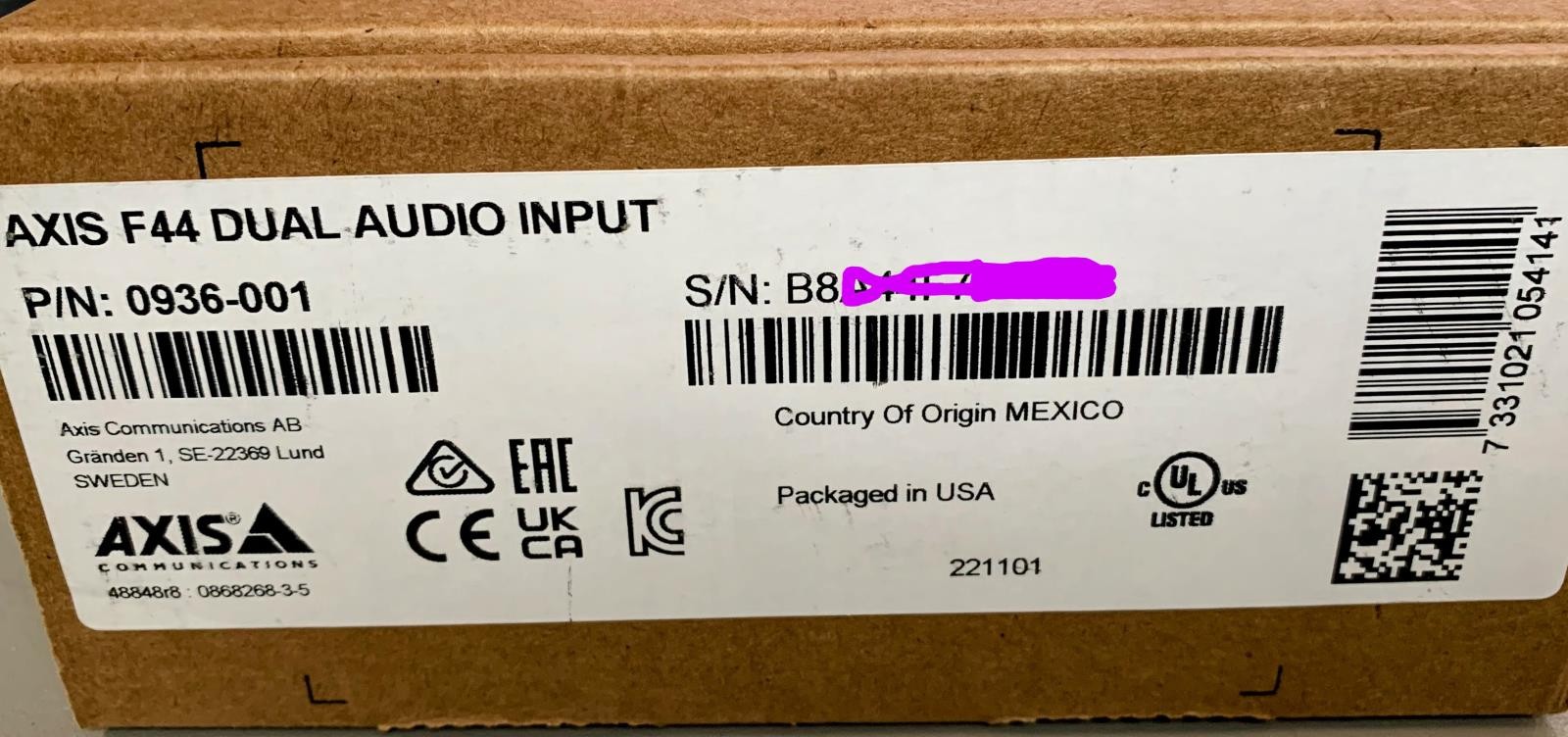 AXIS Communication Security F44 Main Unit with Dual Audio Inputs 0936-001 Sealed
