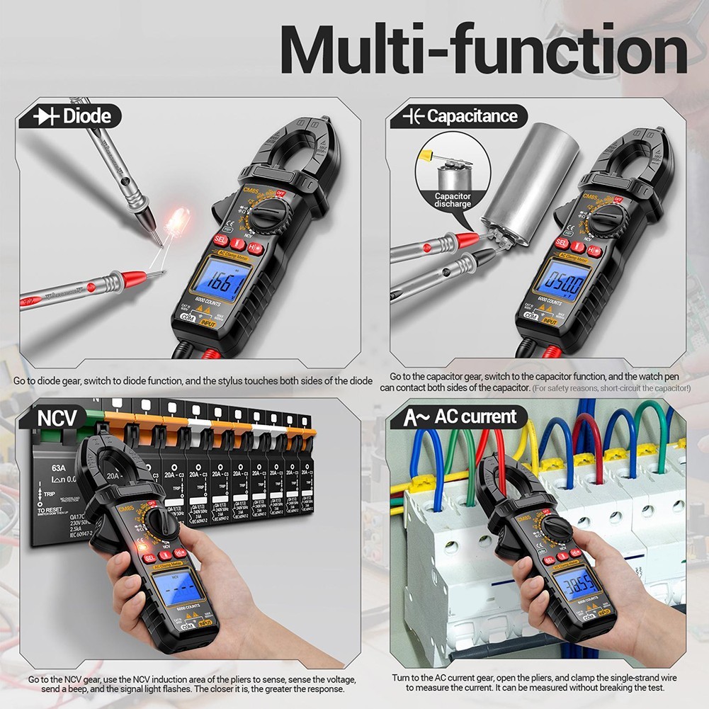 CM85 Clamp Meter with Backlight Flashlight NCV Diode Buzzer 6000 Count