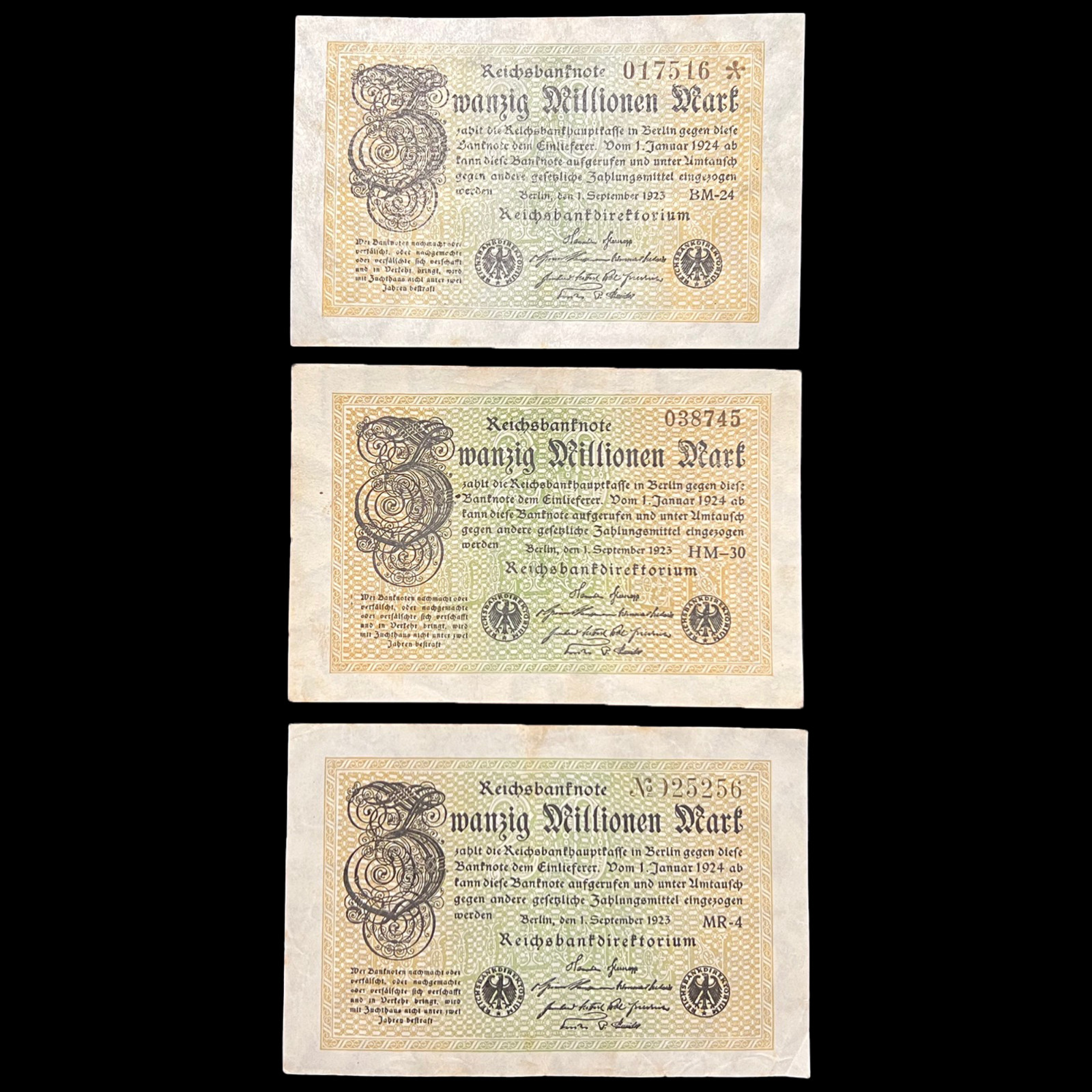 3x 1923 Germany 20 Million Mark Banknote WW1 WWI Government Collapse Period Item