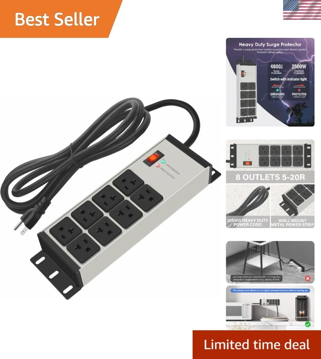Heavy Duty Power Strip Surge Protector 20 AMP, 8 Outlets 12 Gauge Industrial ...