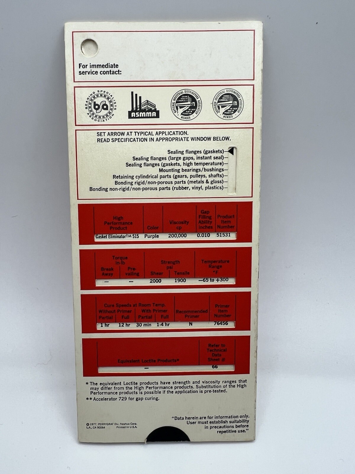 Vintage LOCTITE Adhesive Problem Solver Slide Rule Selector Perrygraf 1977 USA