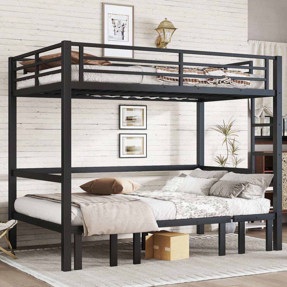 Full over Full Metal Bunk Bed - Pull-Out Lower Bunk (3 Sections) w/Safety Rails