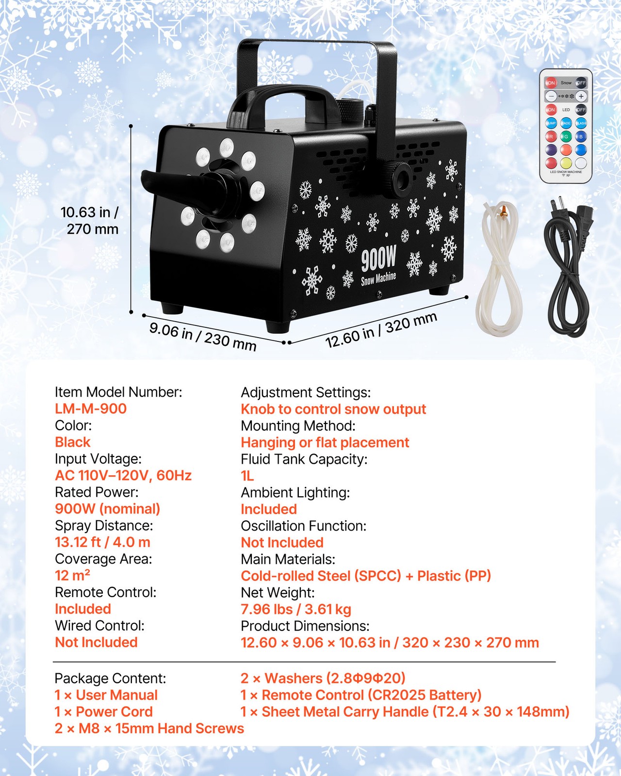 VEVOR Snow Machine 900W Handheld Hanging LED Snow Maker Wireless Remote Control