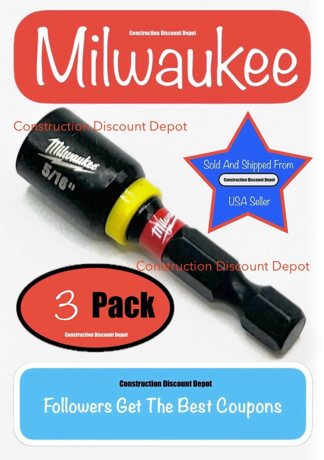 3 PACK Milwaukee Impact Duty 5/16" In. X 1-7/8" In. Magnetic Nut Driver Yellow