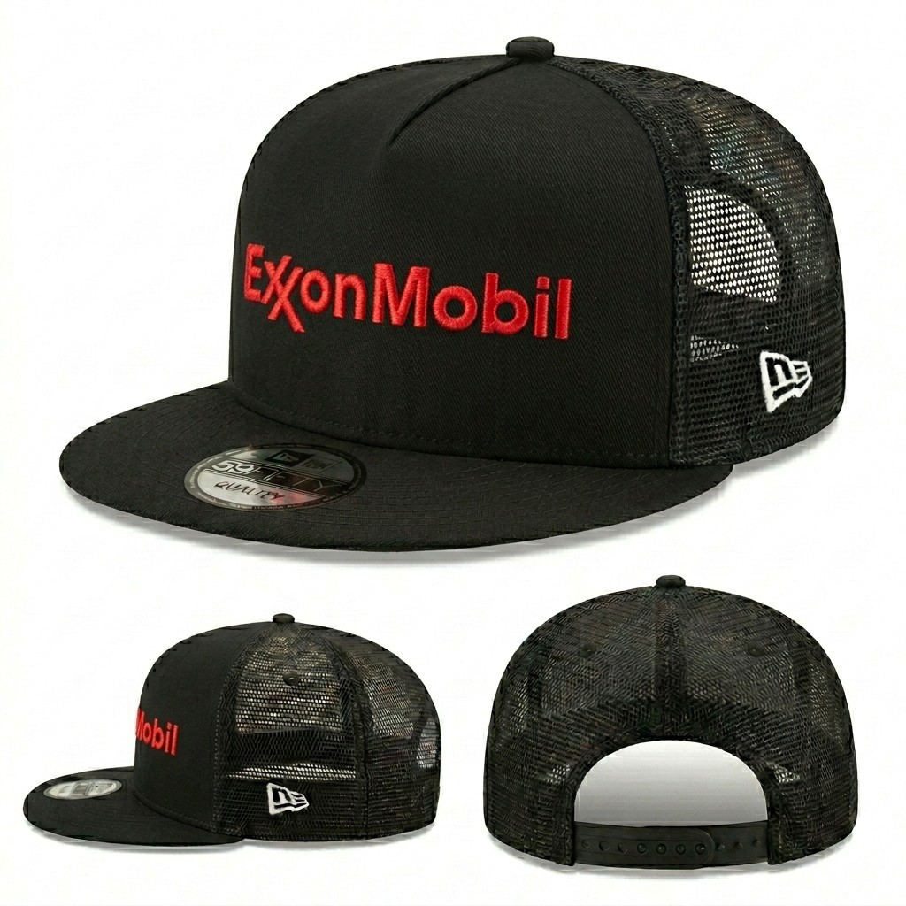 ExxonMobil Embroidered New Era 59Fifty Black Mesh Trucker Snapback Hat Cap
