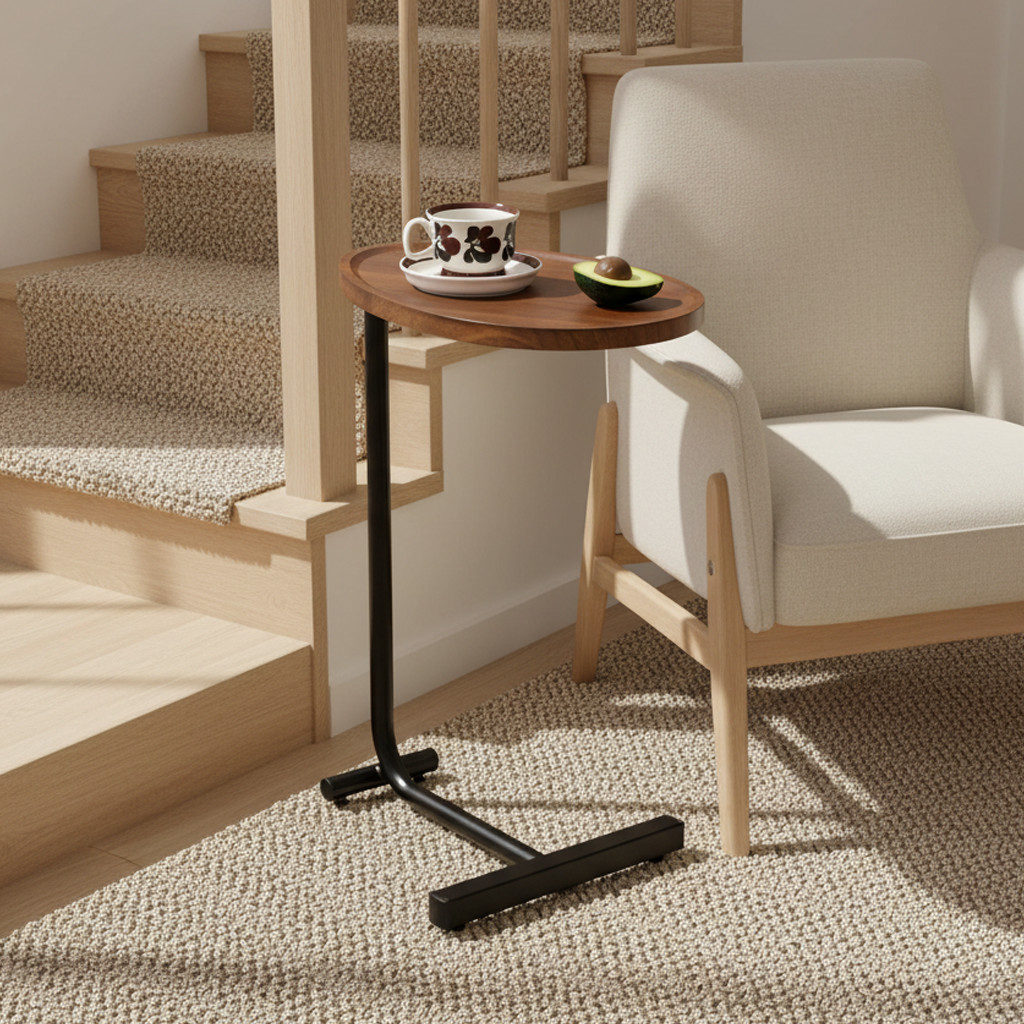 Homy Casa Crest Modern Wood & Metal C-Shaped Side Table, Brown