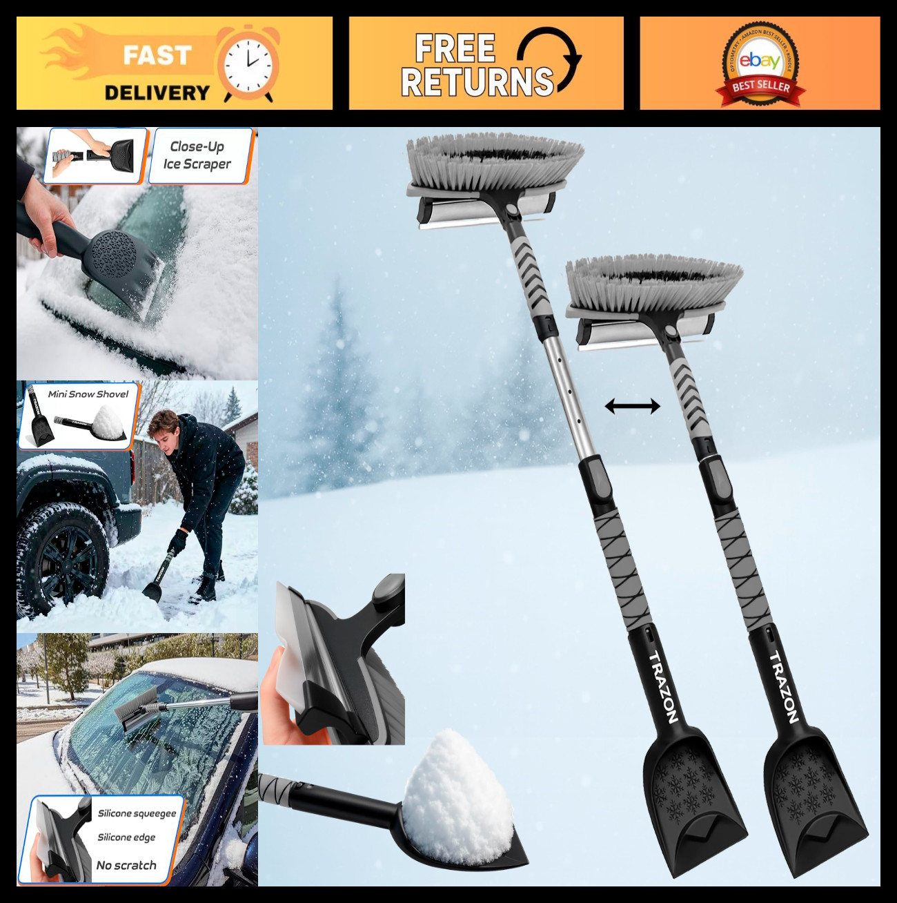 Extendable 42.4" Snow Brush & Mini Shovel Ice Scraper for Cars, SUVs, Trucks - H