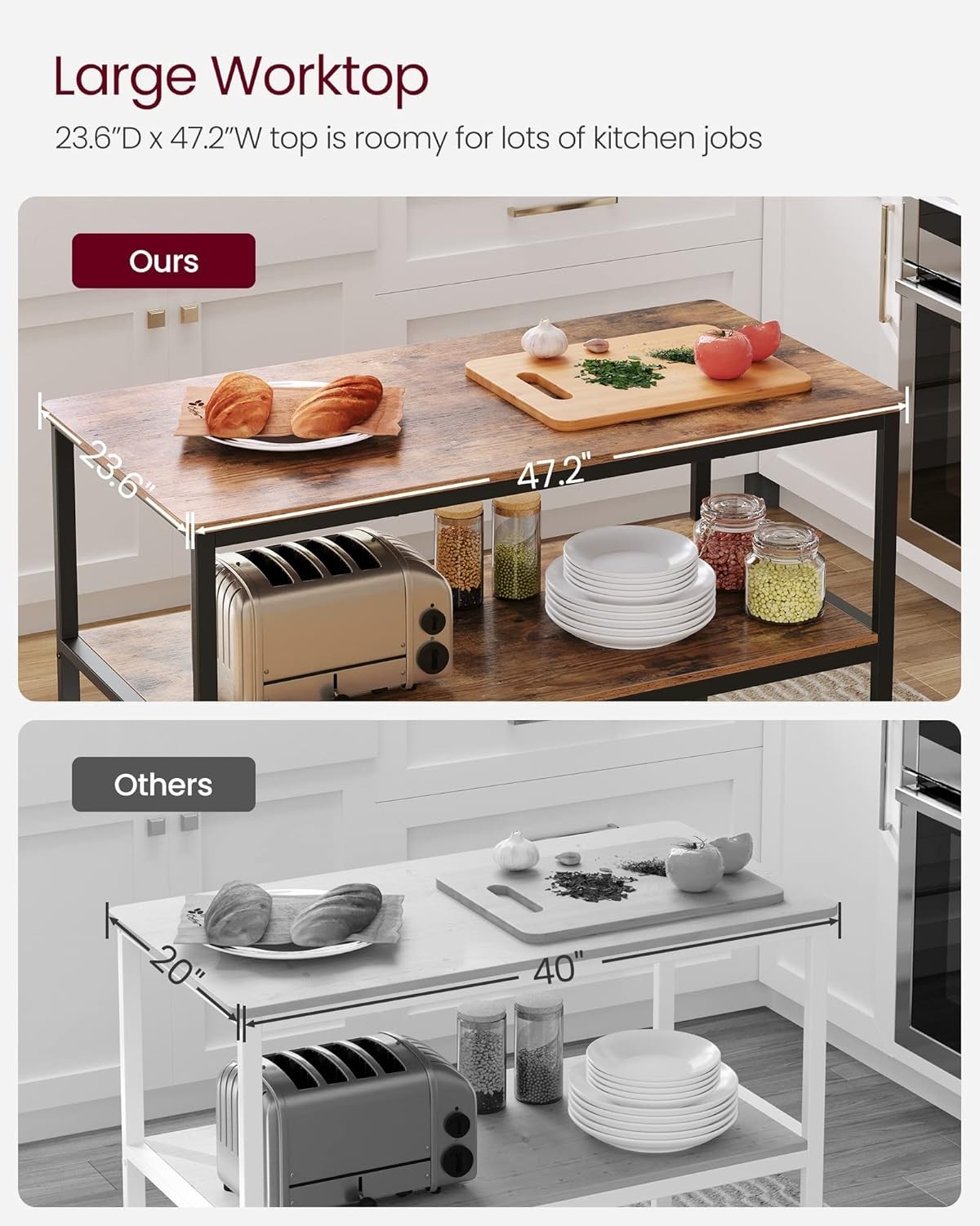 Kitchen Island with Shelves Large Worktop Freestanding Steel Structure Rustic...