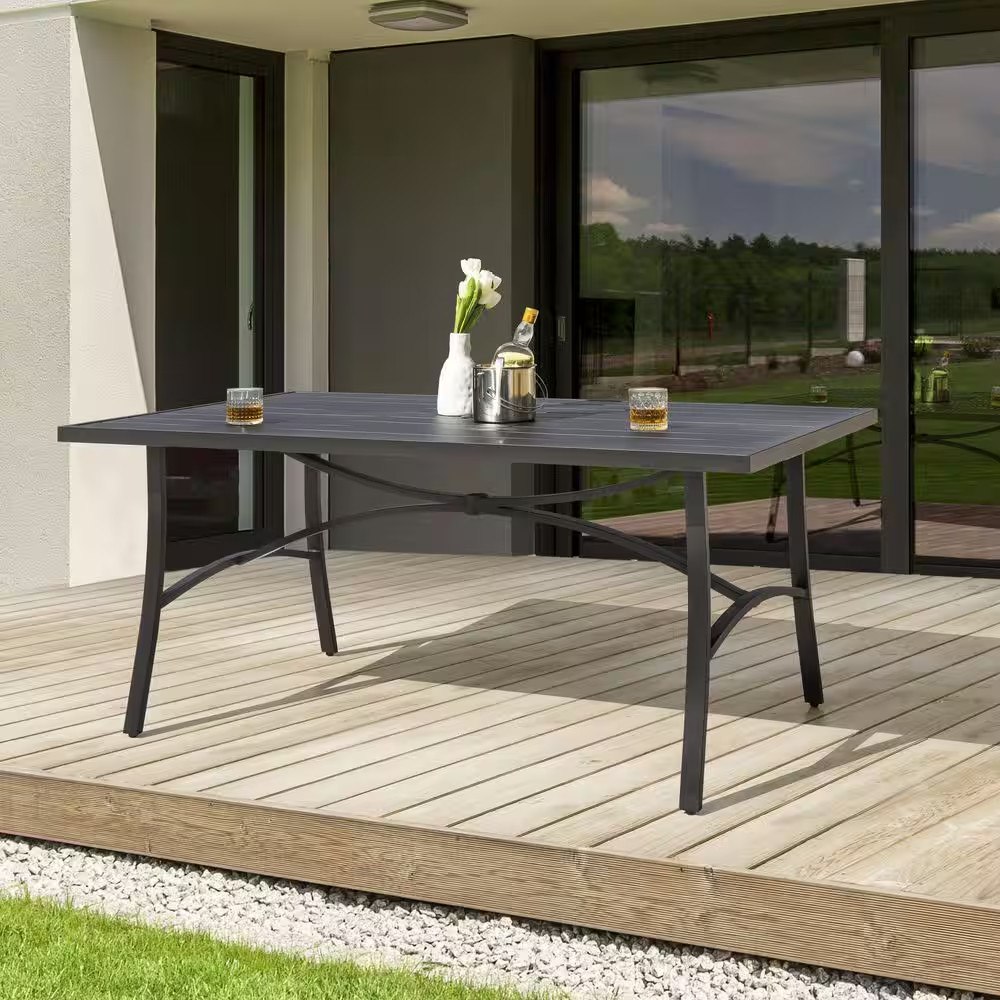 Black Rectangle Aluminum Outdoor Dining Table with 1.7 In. Umbrella Hole