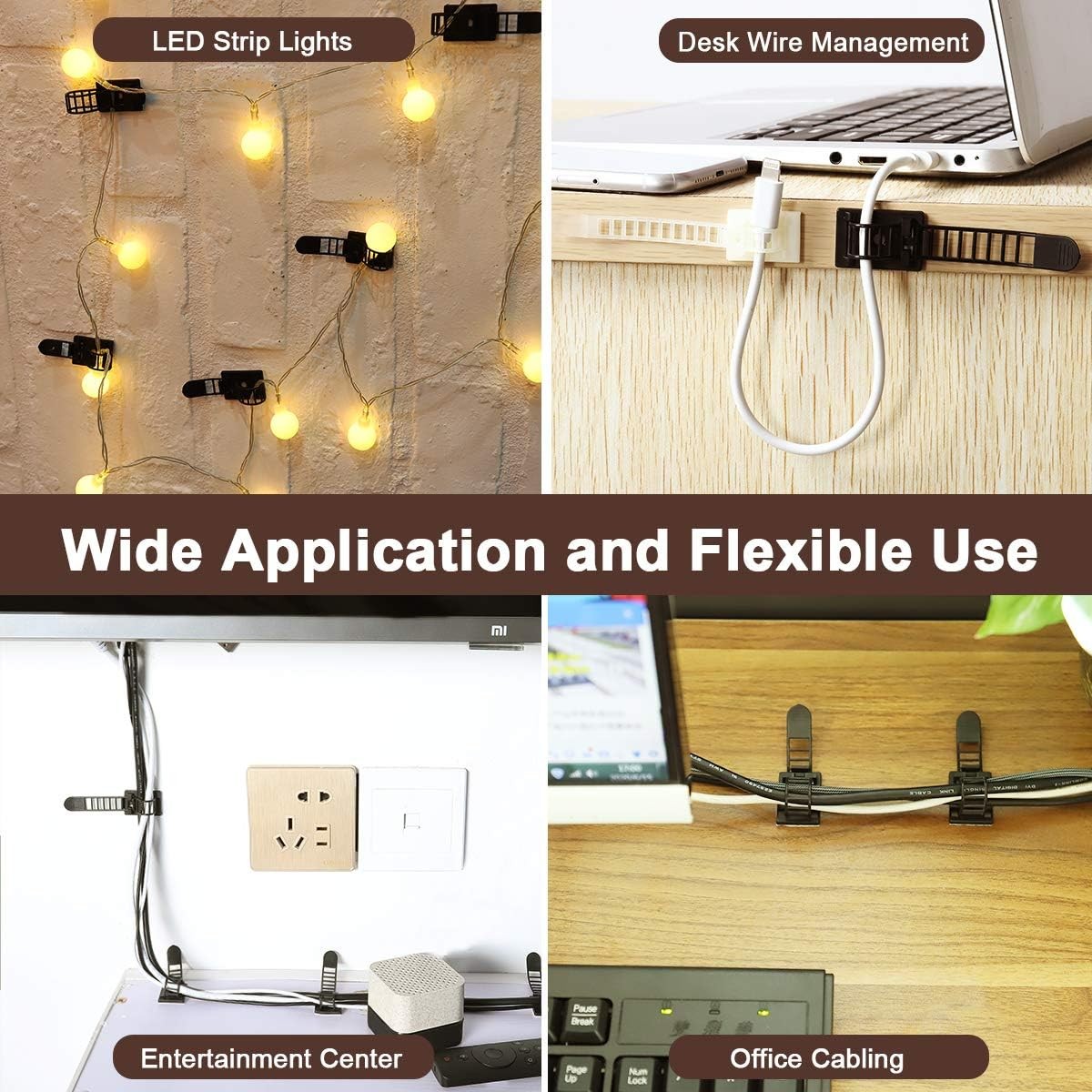 50Pcs Adhesive Cable Management Clips with 50Pcs Zip Ties, Adjustable Nylon Cabl