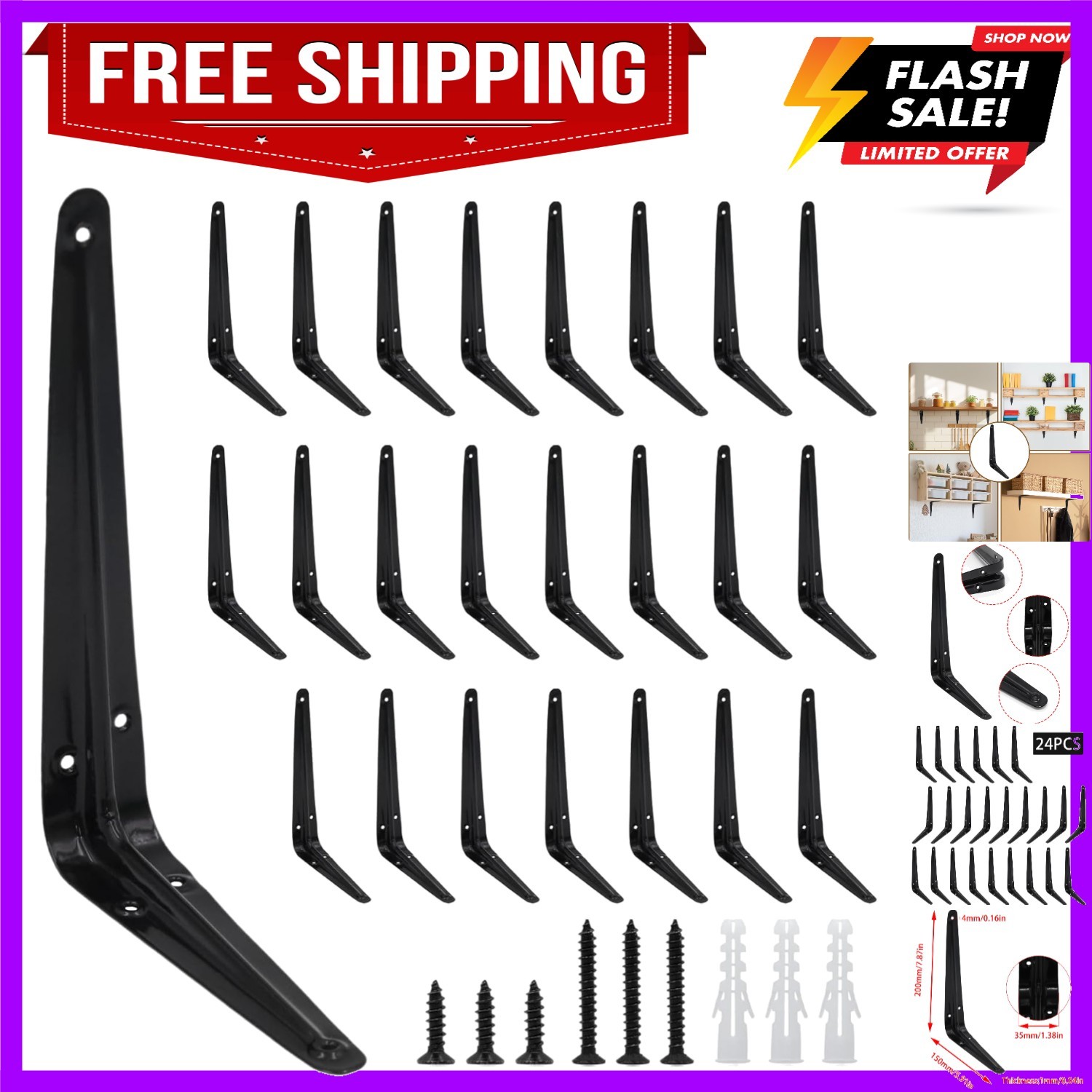 24Pcs 8 x 6 Inch Black Shelf Brackets, Heavy-Duty Metal Steel Corner L Bracke...