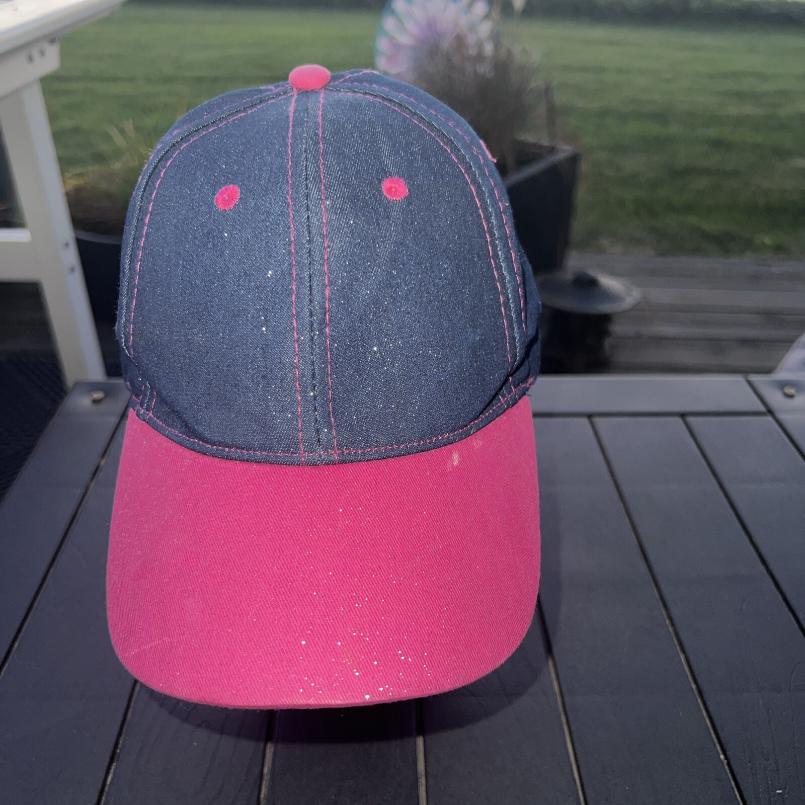 Denim Sparkle Blue w Pink Sparkle Bill Hat Cap Hook Loop Unbranded VGC
