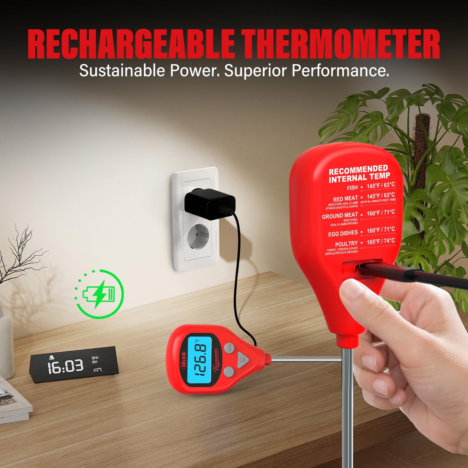 Rechargeable Digital Meat Thermometer with 3.3ft External Probe, Warning Aler
