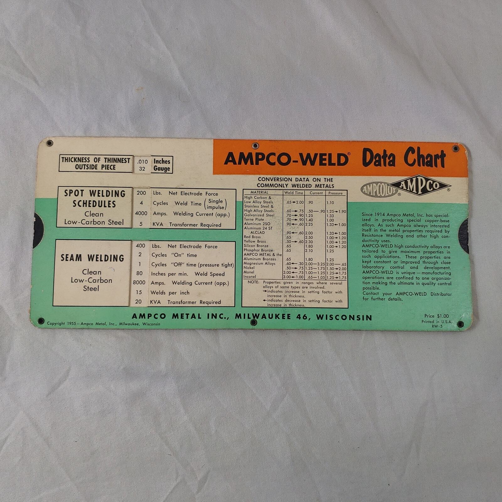 Ampco-Weld Electrode Selector for Resistance Welding Card. 1955 Data Chart
