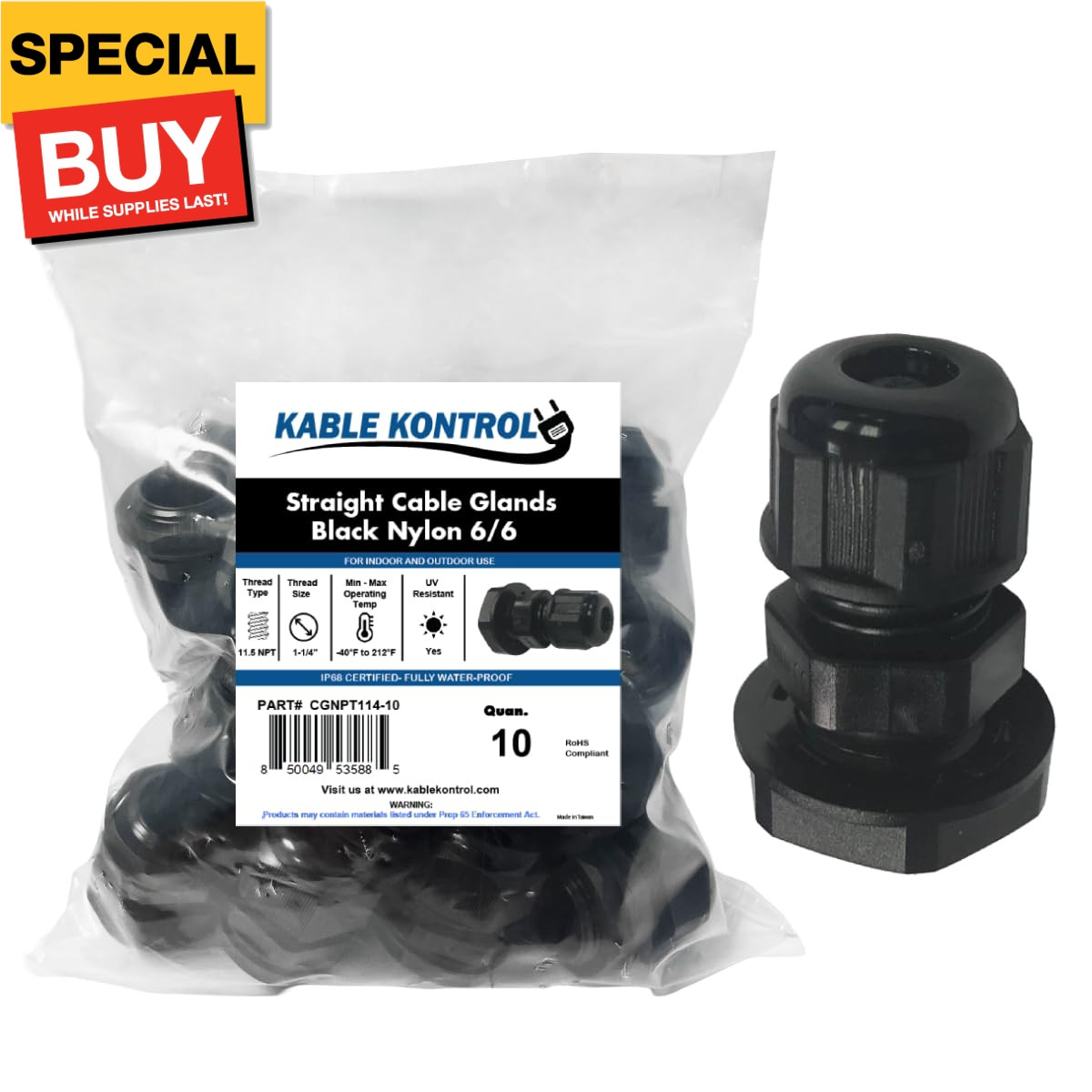 Nylon Cable Glands 1-1/4” Straight Gland 11.5 NPT 10 Pcs Cord Grips, Strain Reli