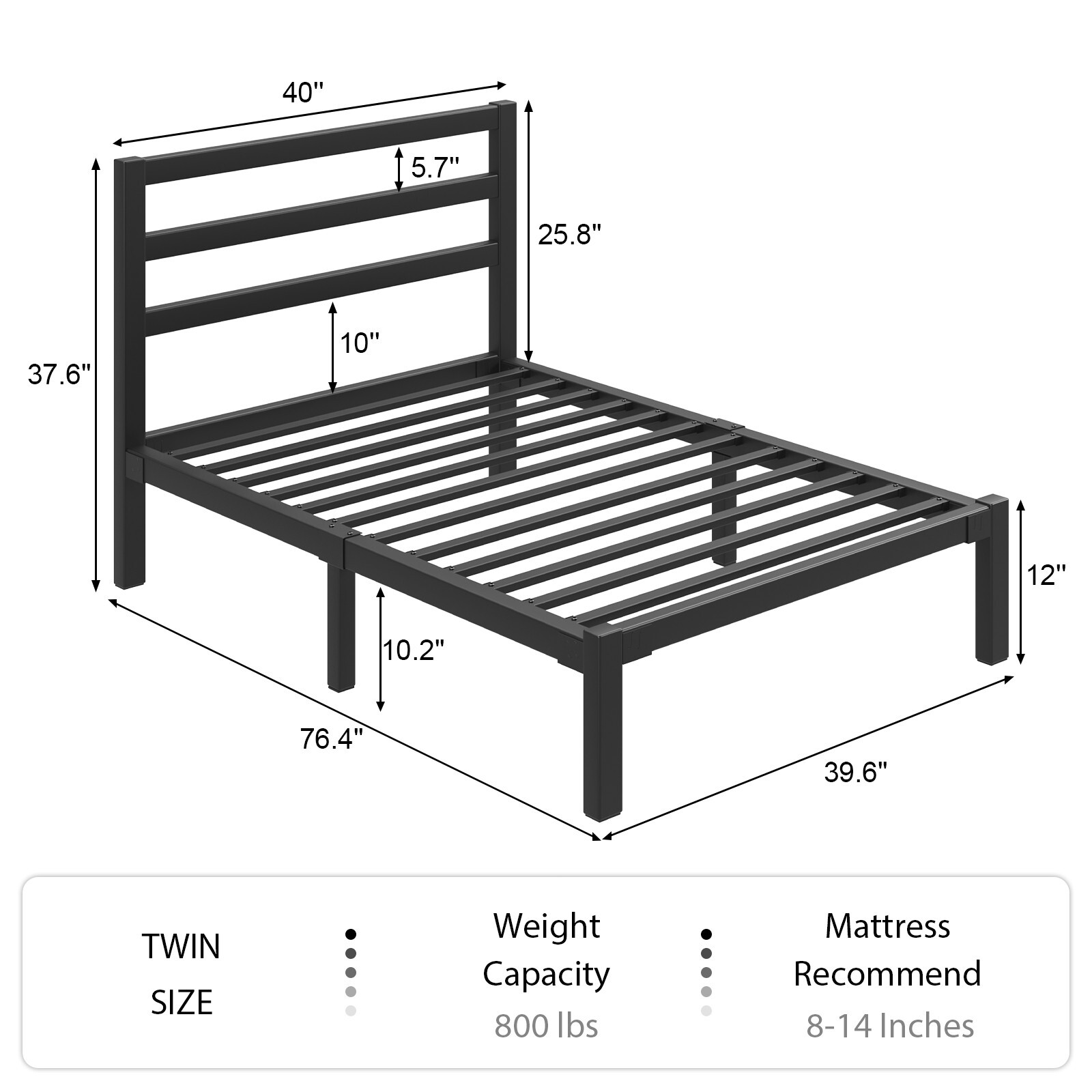 Twin Size Bed Frame with Headboard Strong Metal Slats Support