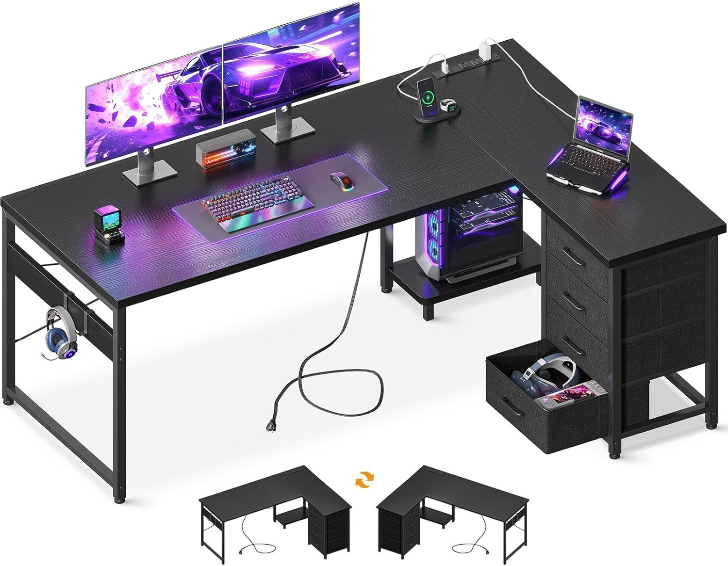 61" L Shaped Gaming Desk with 4 Drawers and Power Outlets, Black | USB Ports, PC
