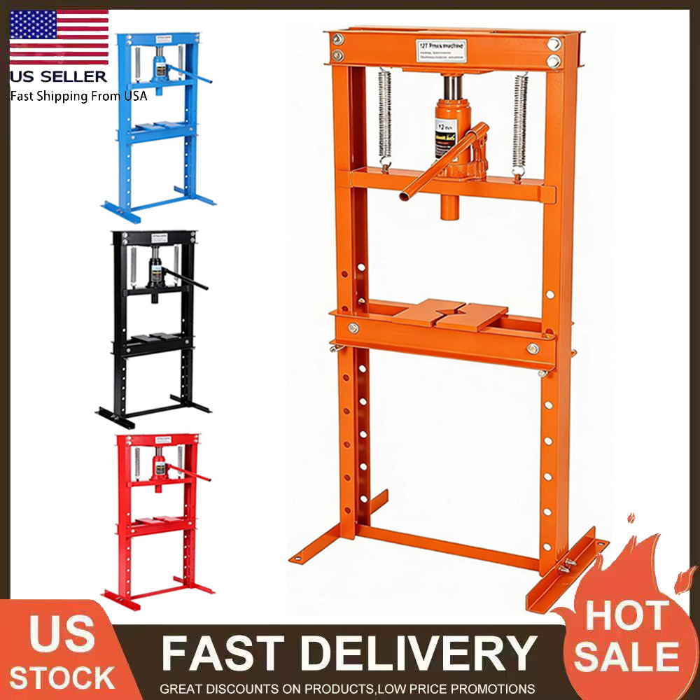 12 Ton Hydraulic H-Frame Shop Press with Adjustable Worktable & Press Plates