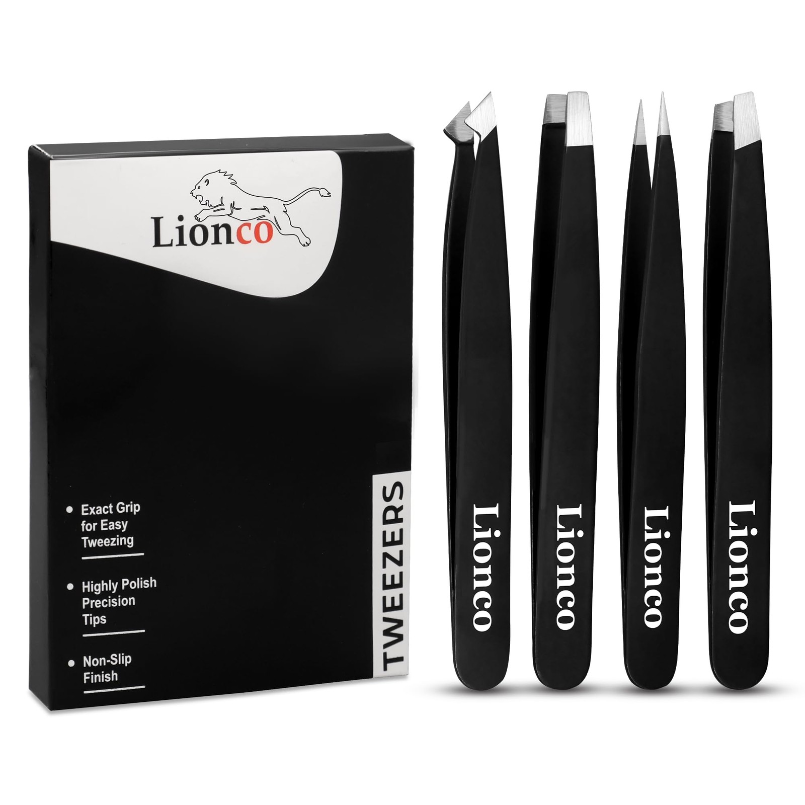 LIONCO Professional 4PCS Tweezer Set for Men & Women–Stainless Steel Black