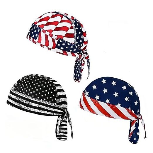 3 Pcs DOO Rags Dew Rag Skull Cap Pirate Hat Cooling Head American Flag Style