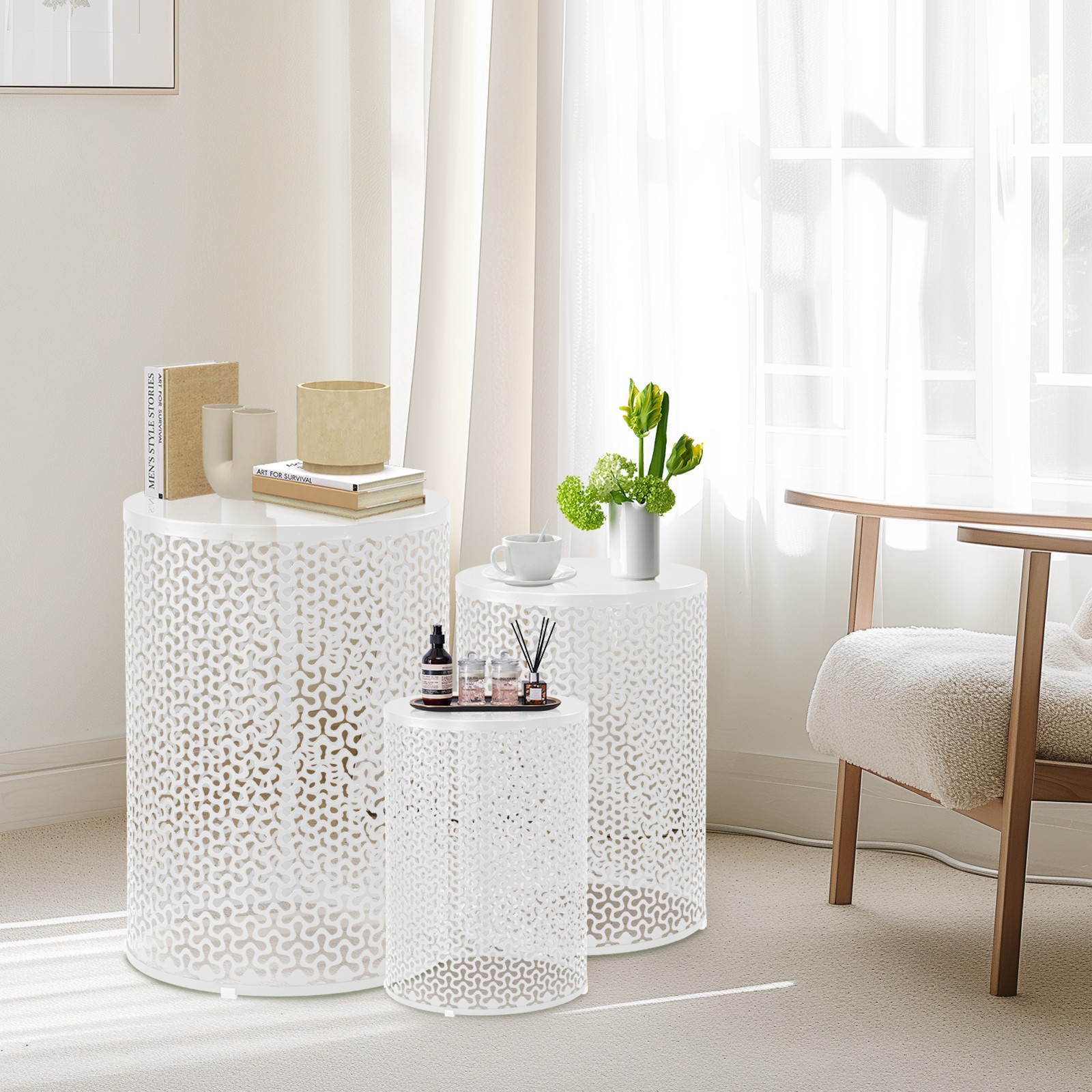 Nesting Side Table Set of 3, Round Patio Accent Table, Metal Frame End Table